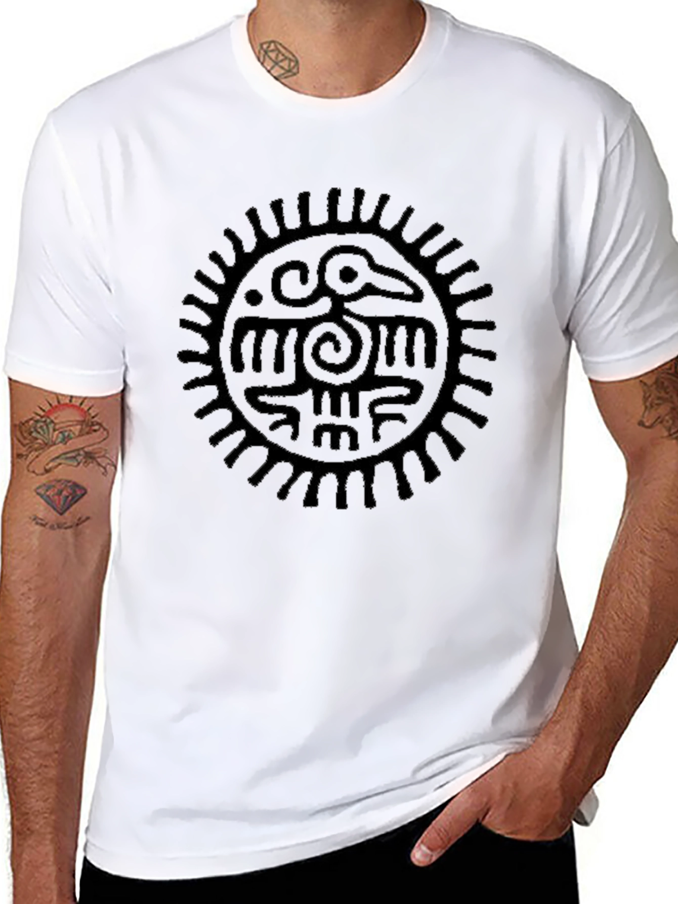Mens Black Graphic Tee - Aztec Sun Bird Design
