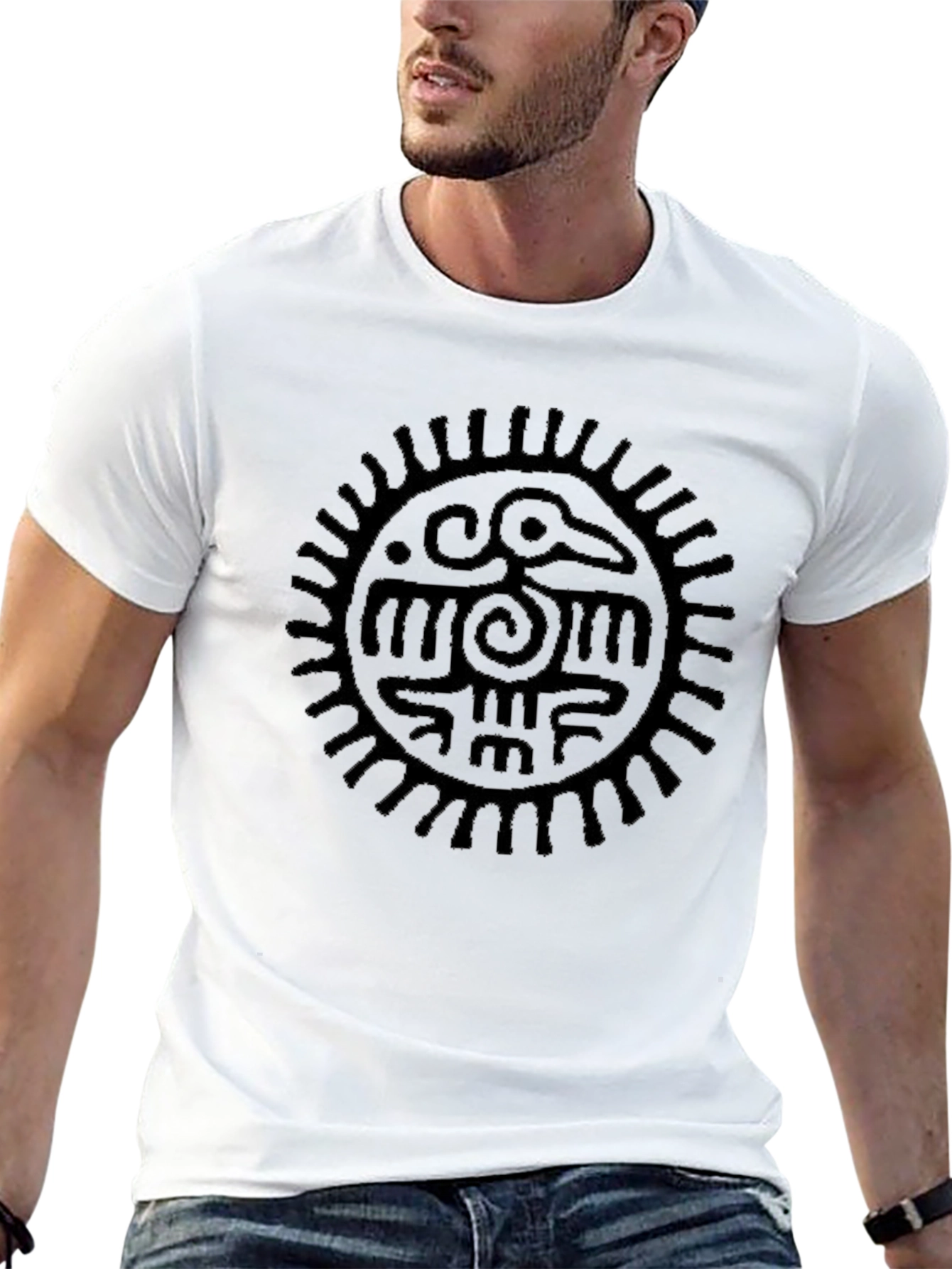 Mens Black Graphic Tee - Aztec Sun Bird Design