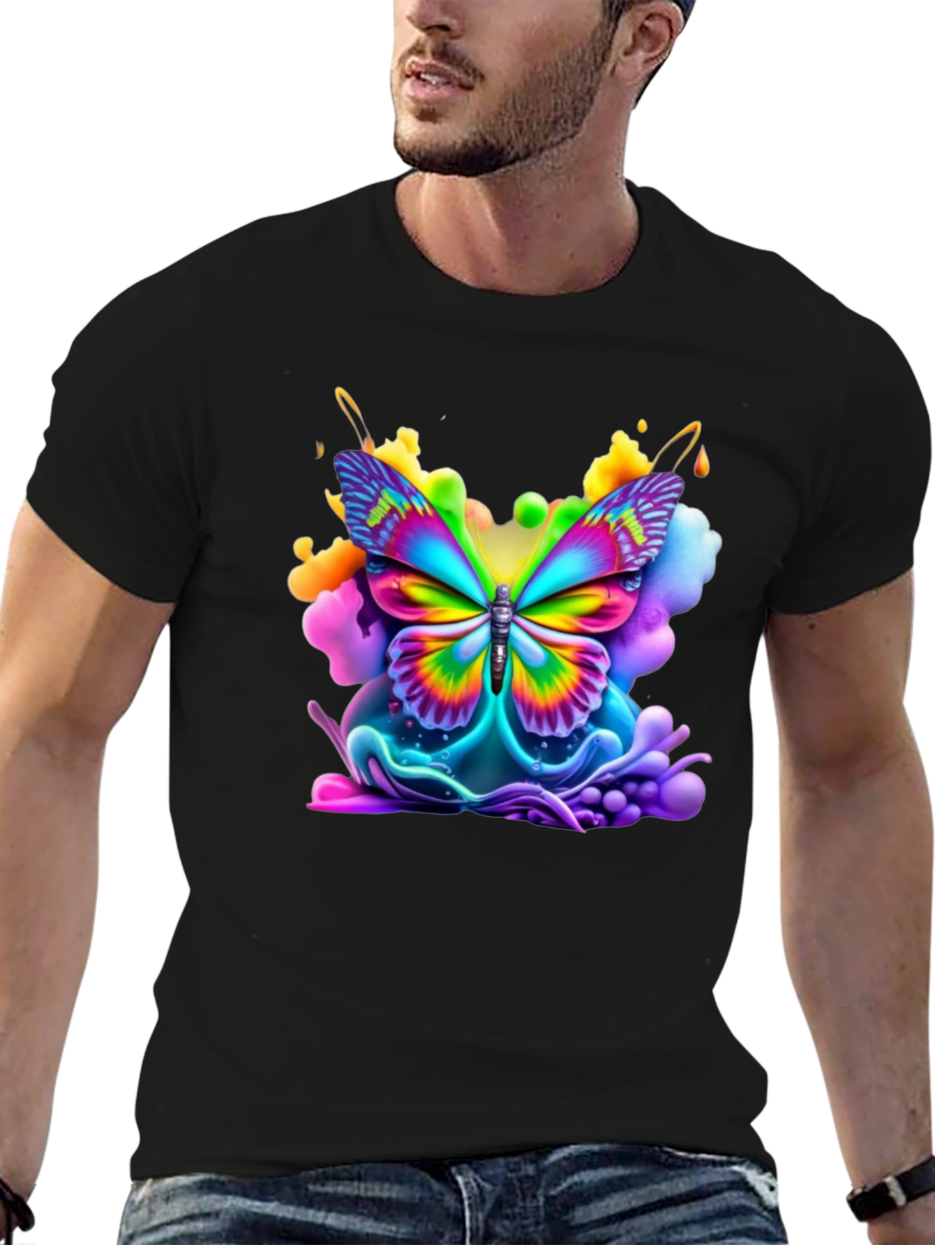 Vibrant Butterfly Graphic Tee - Black Cotton Comfort