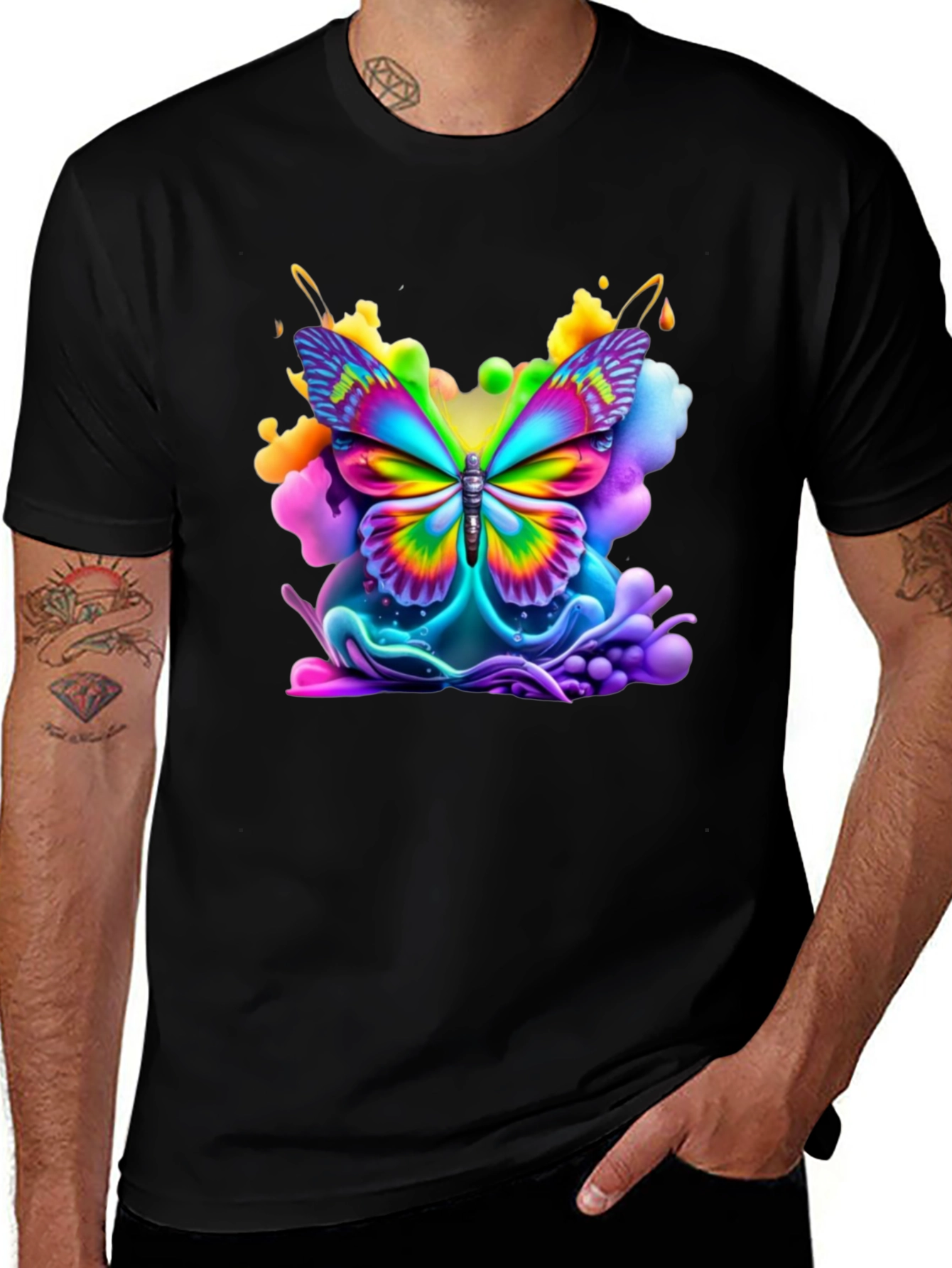 Vibrant Butterfly Graphic Tee - Black Cotton Comfort