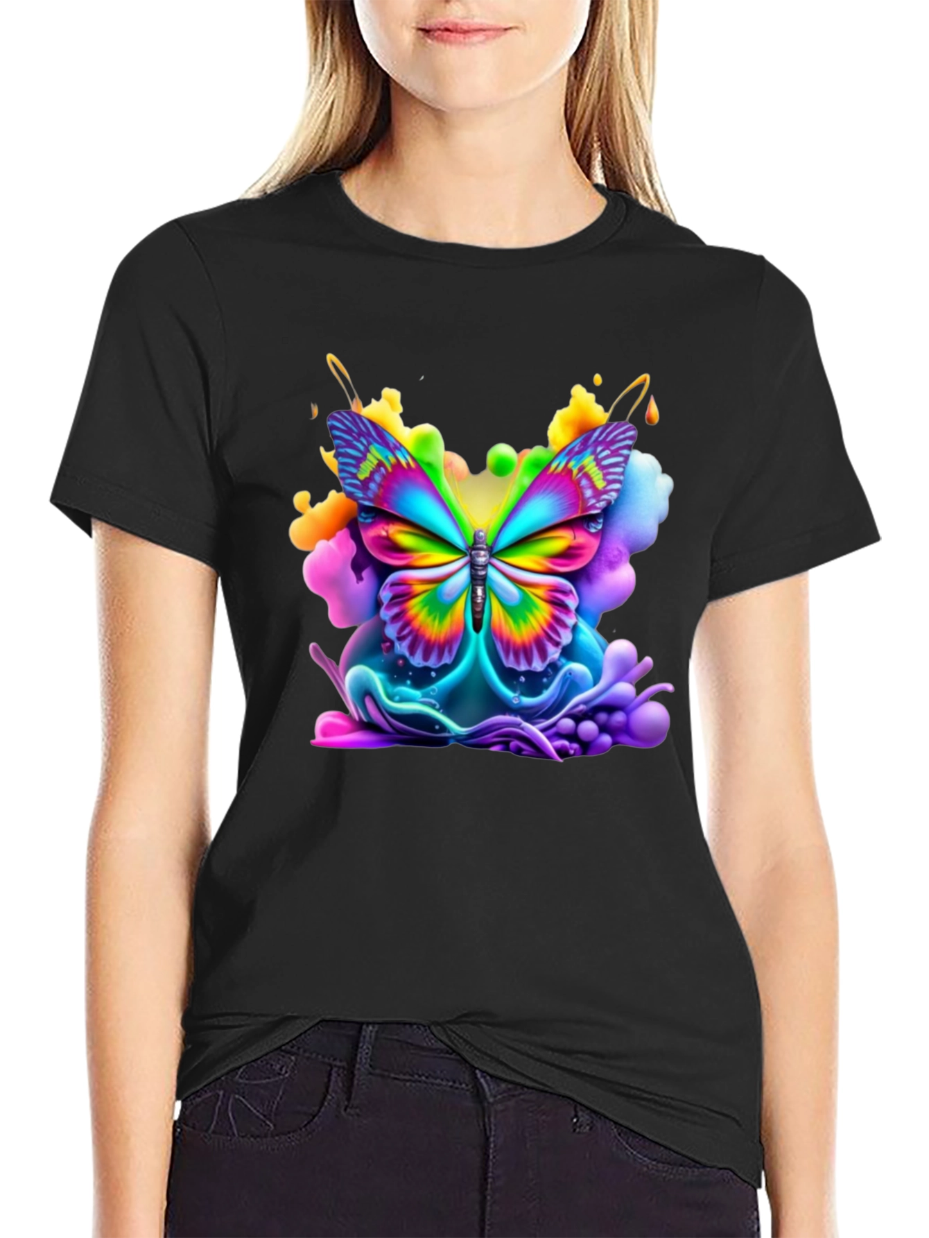 Vibrant Butterfly Graphic Tee - Black Cotton Comfort