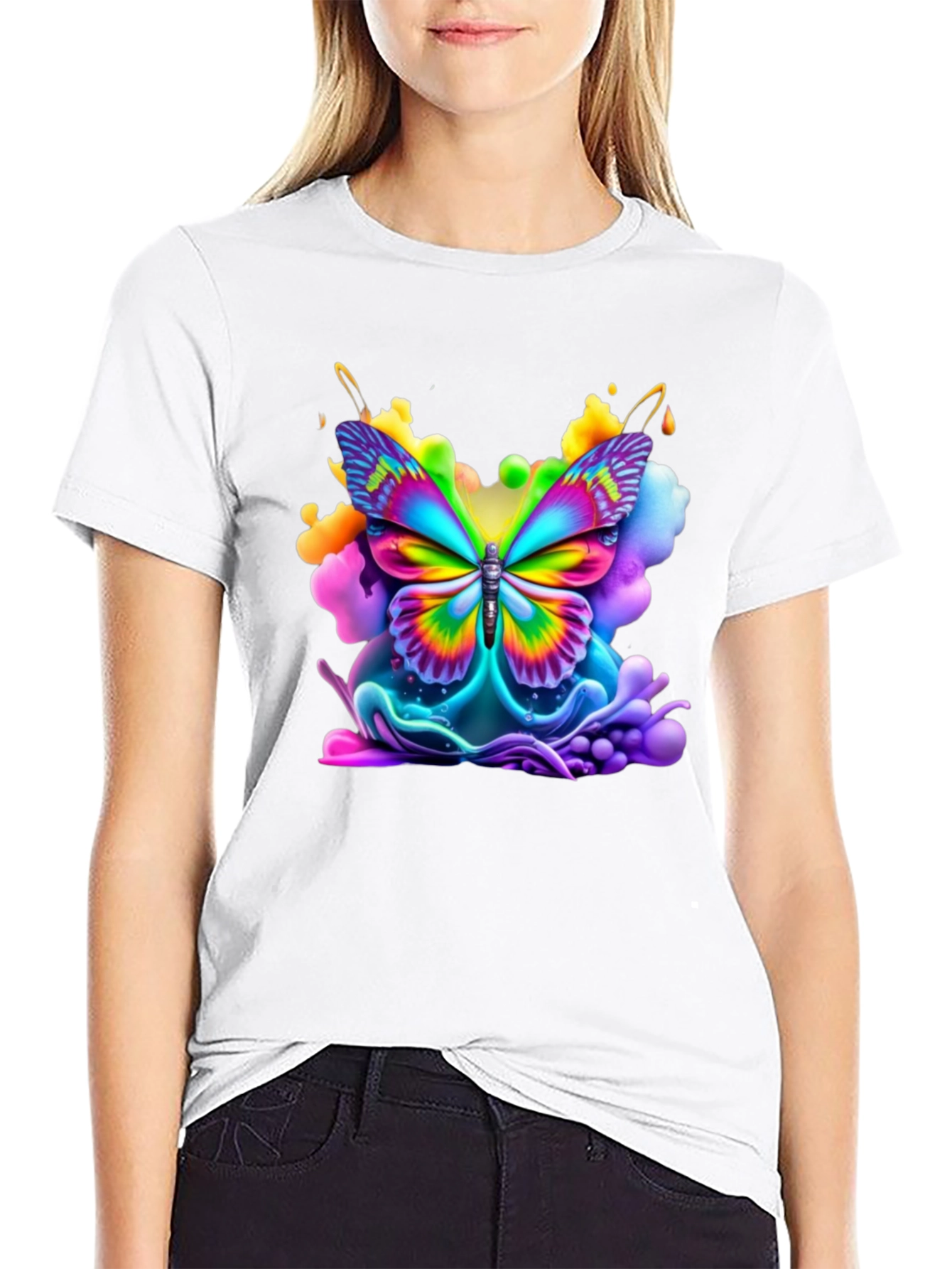 Vibrant Butterfly Graphic Tee - Black Cotton Comfort