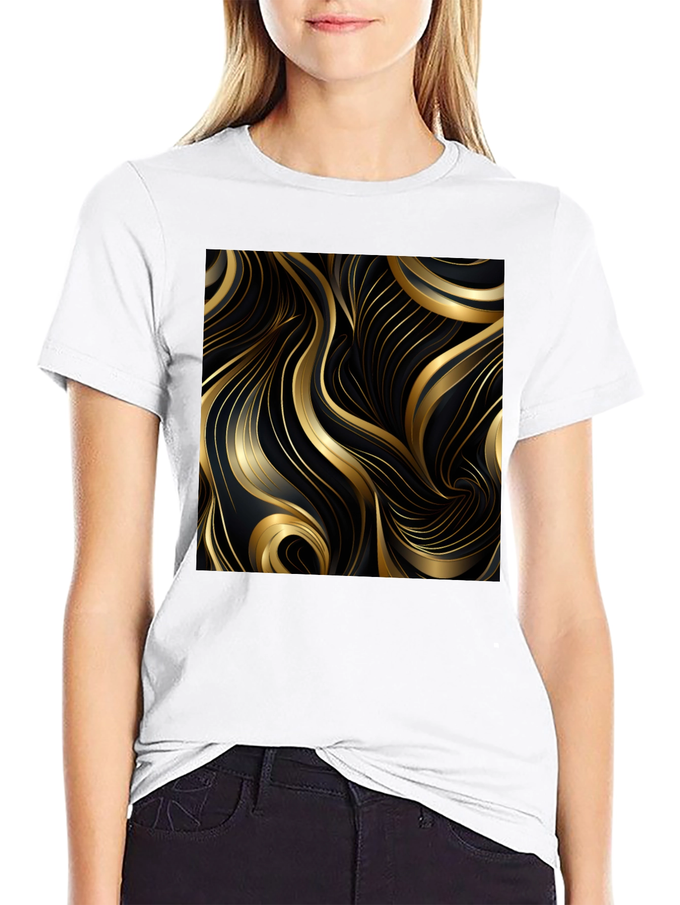 Black T-Shirt with Gold Abstract Graphic Design