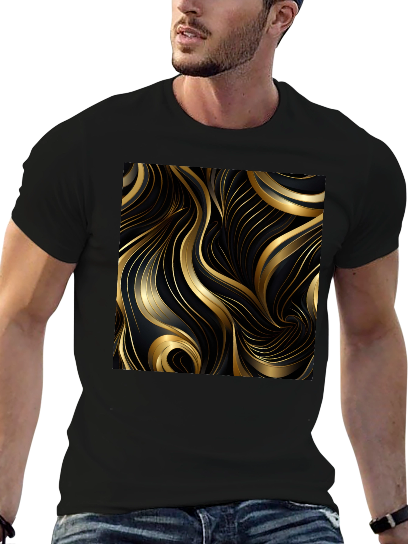 Black T-Shirt with Gold Abstract Graphic Design