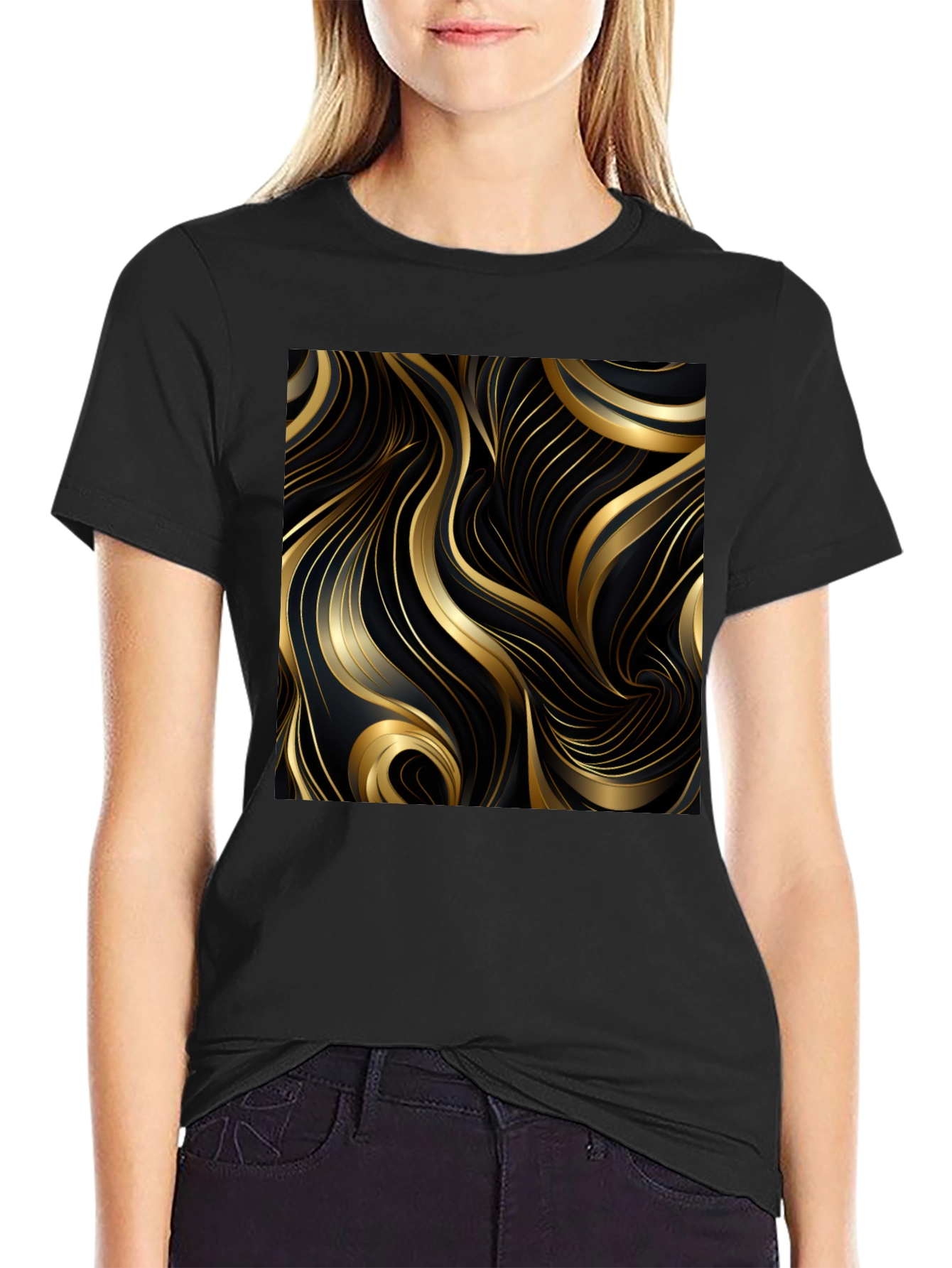 Black T-Shirt with Gold Abstract Graphic Design