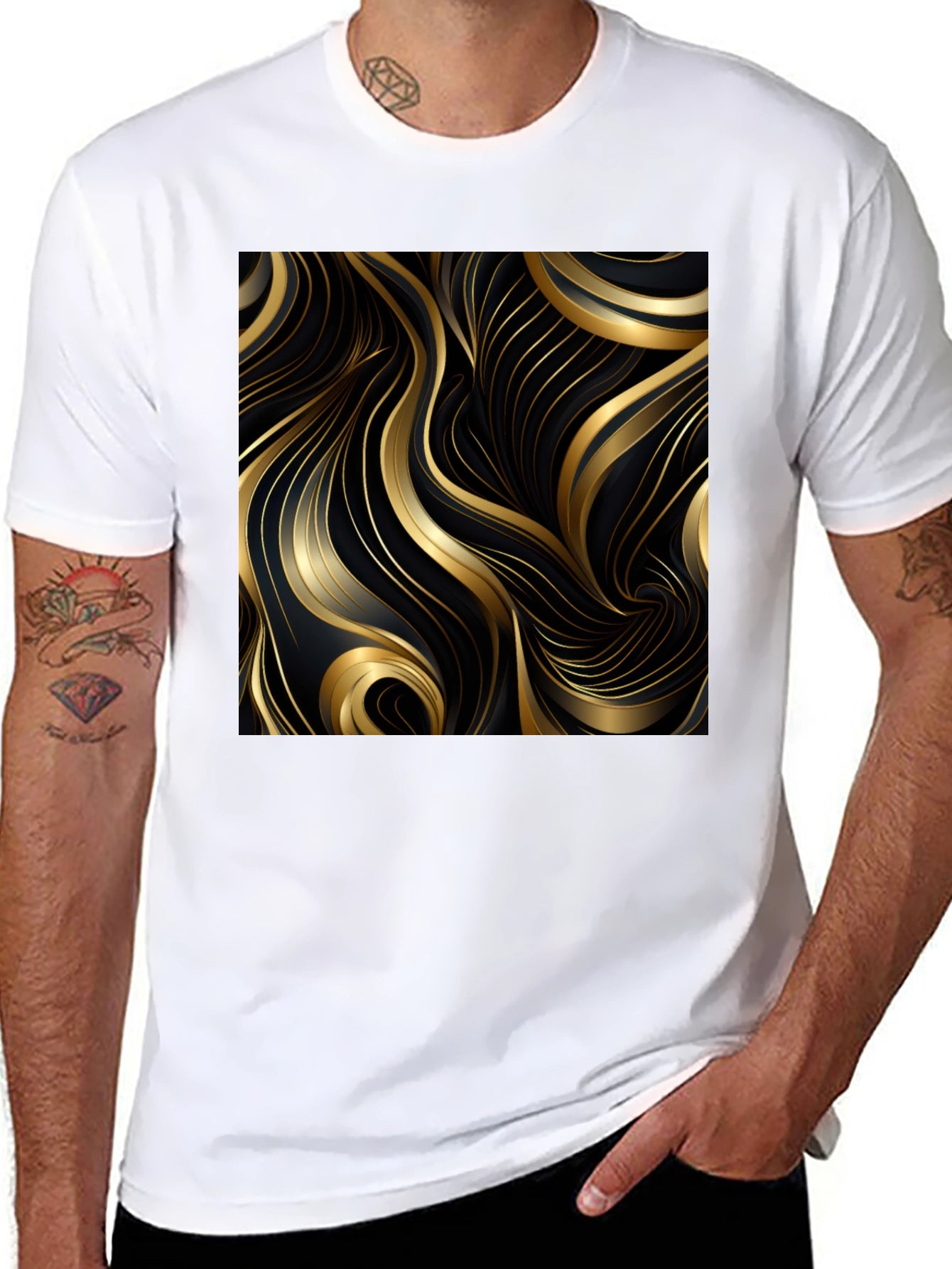 Black T-Shirt with Gold Abstract Graphic Design