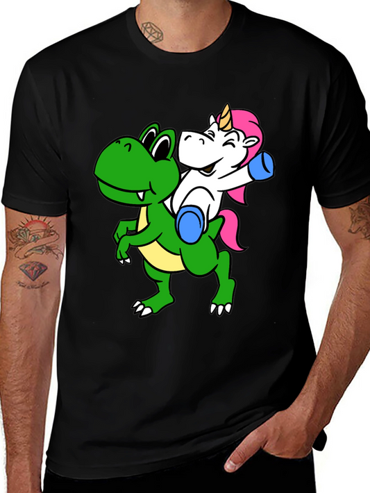Dino Rider Tee - Funny Unicorn Riding Dinosaur Graphic T-Shirt