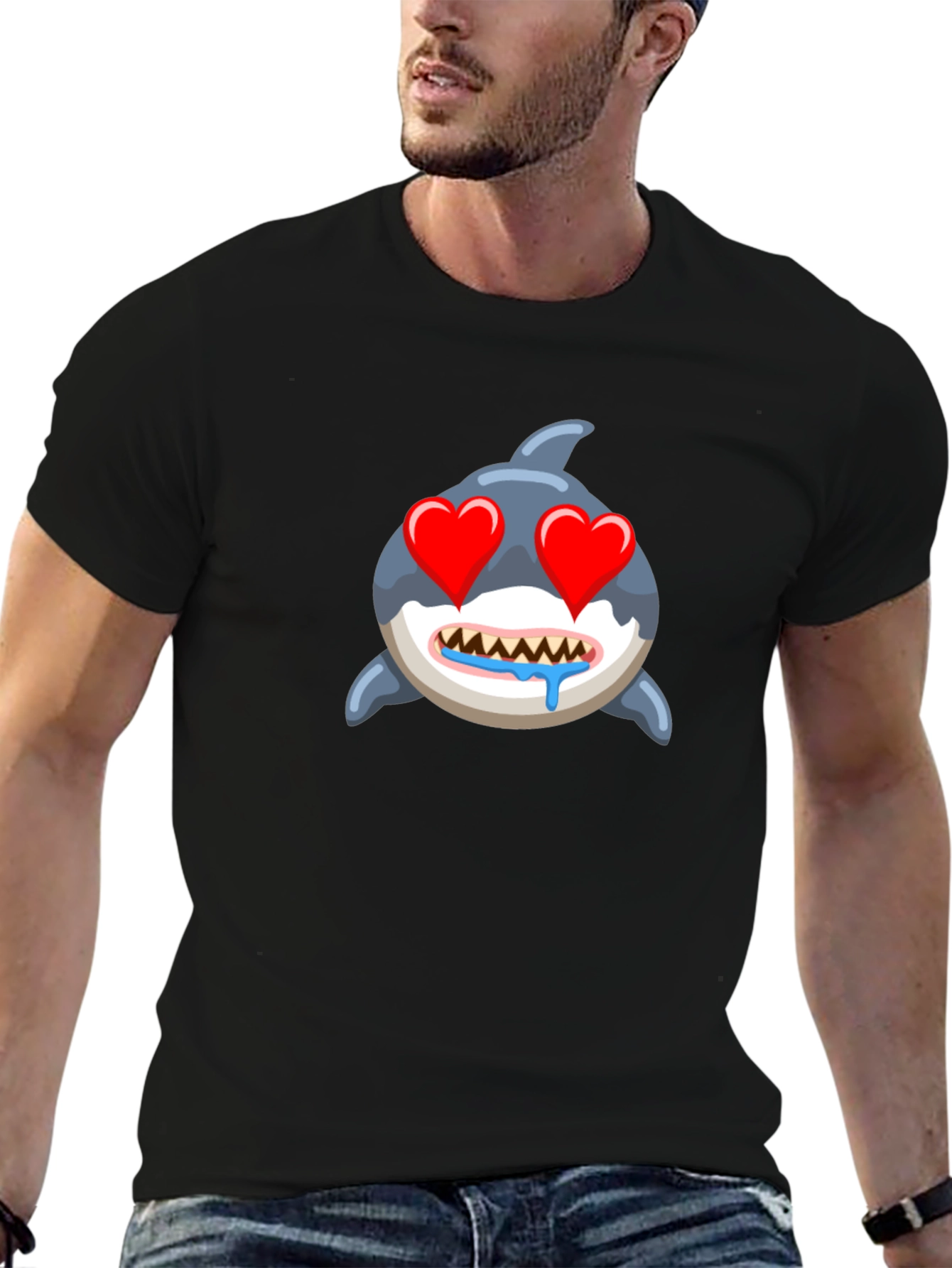 Shark Emoji T-Shirt with Heart Eyes - Black