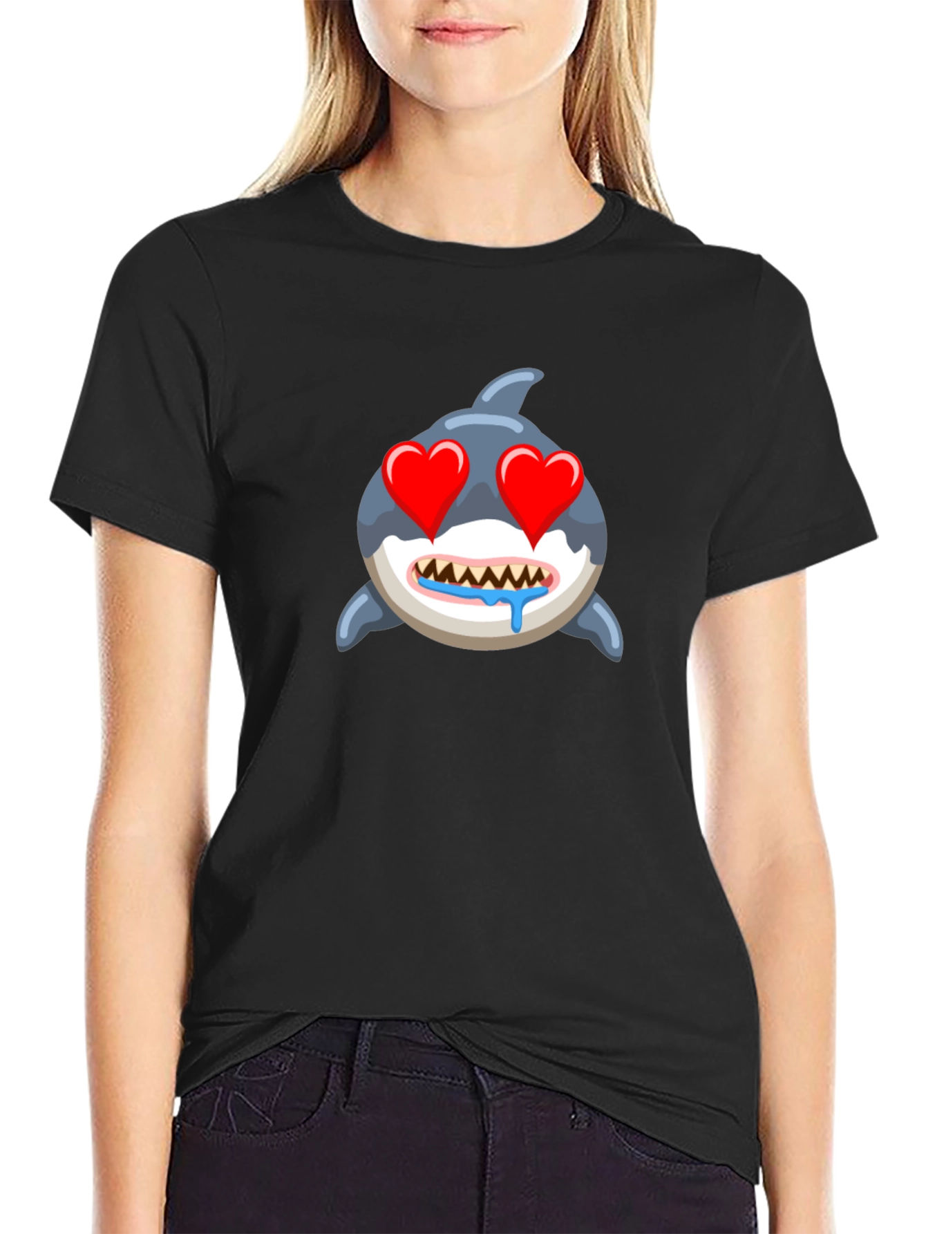 Shark Emoji T-Shirt with Heart Eyes - Black
