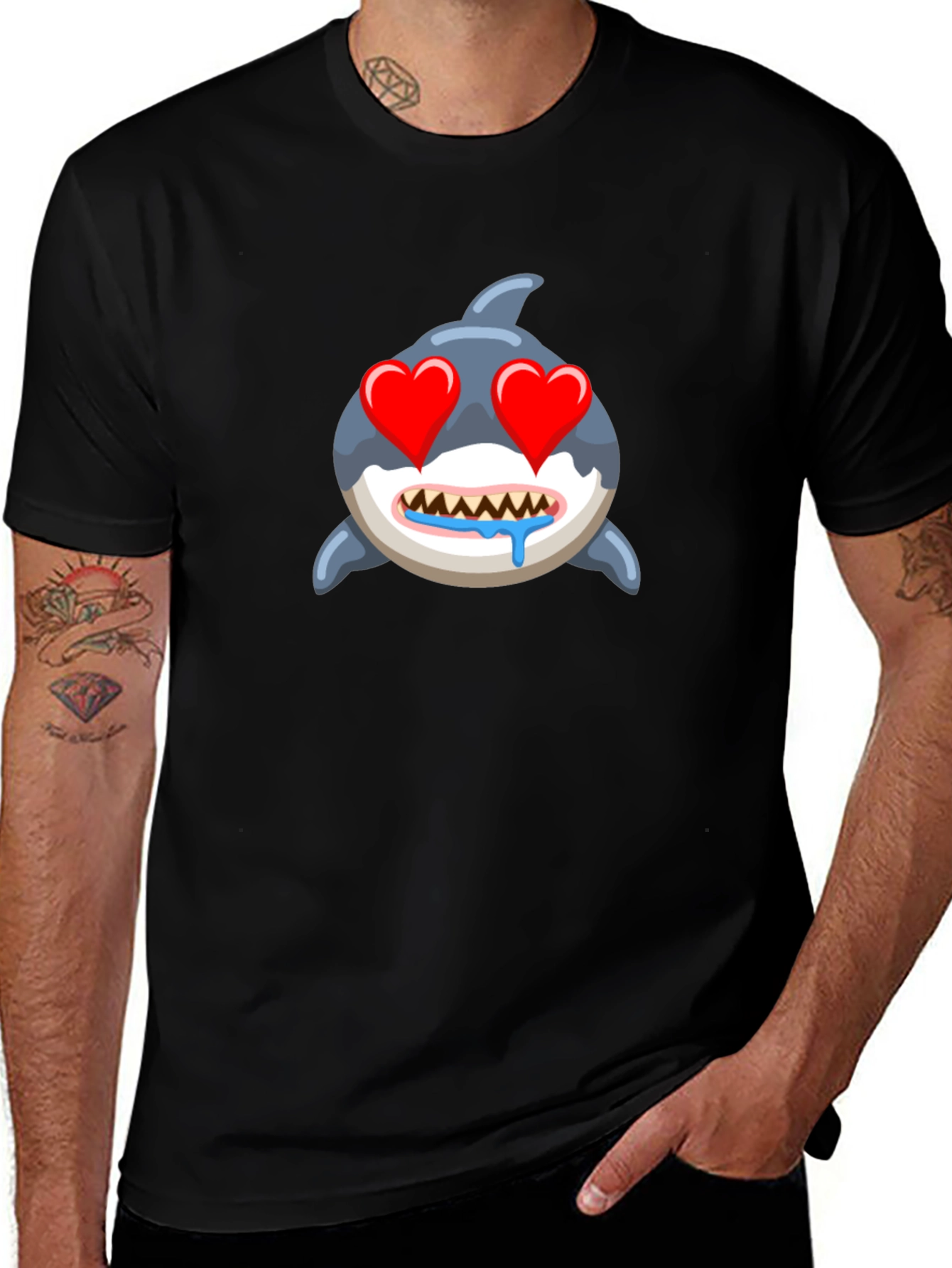Shark Emoji T-Shirt with Heart Eyes - Black