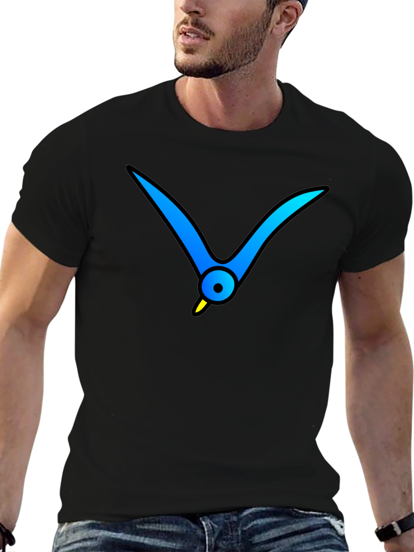 Black T-Shirt with Abstract Blue Bird Graphic