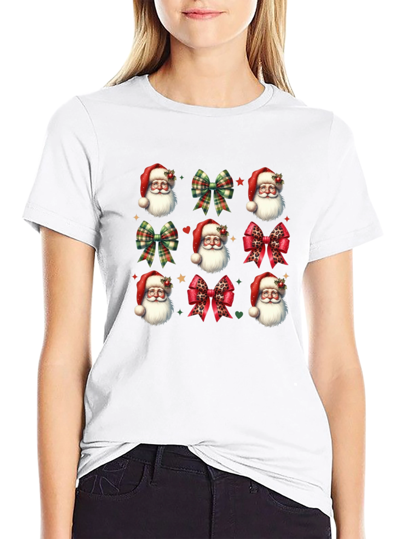Festive Santa & Bow T-Shirt - Holiday Cheer