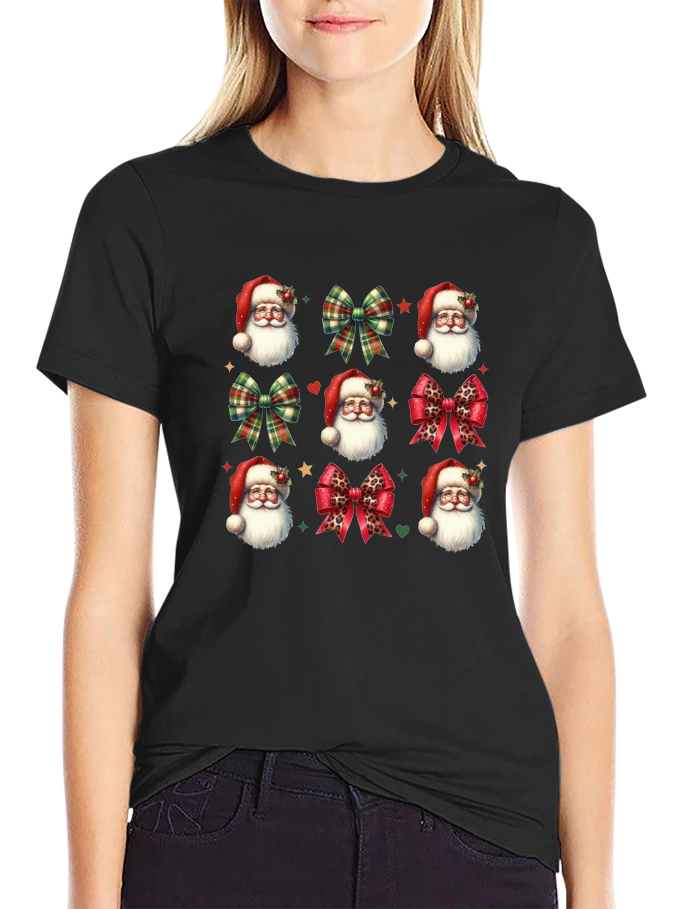 Festive Santa & Bow T-Shirt - Holiday Cheer