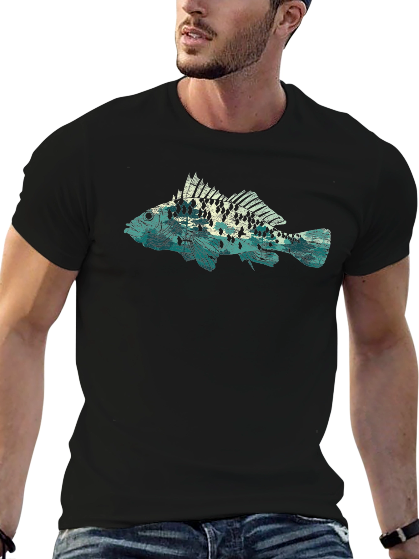 Mens Black T-Shirt with Fish Graphic