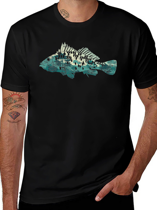 Mens Black T-Shirt with Fish Graphic
