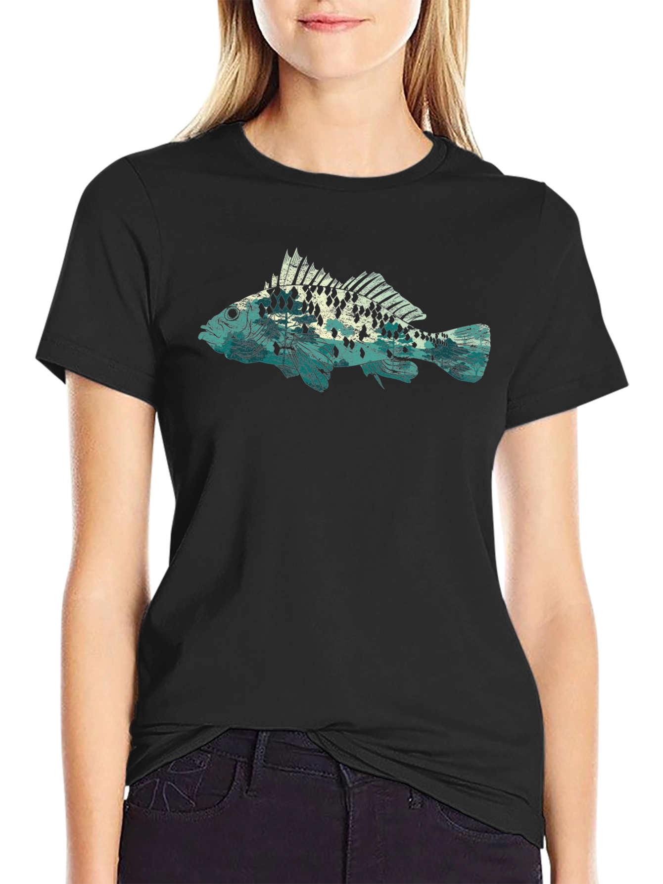 Mens Black T-Shirt with Fish Graphic