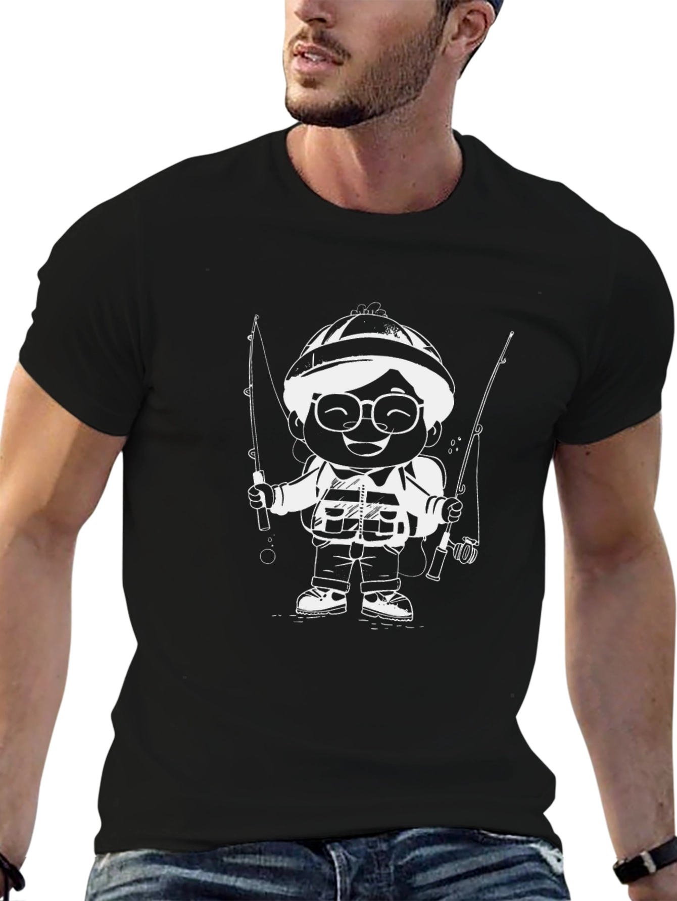 Cartoon Fisherman Graphic T-Shirt - Black