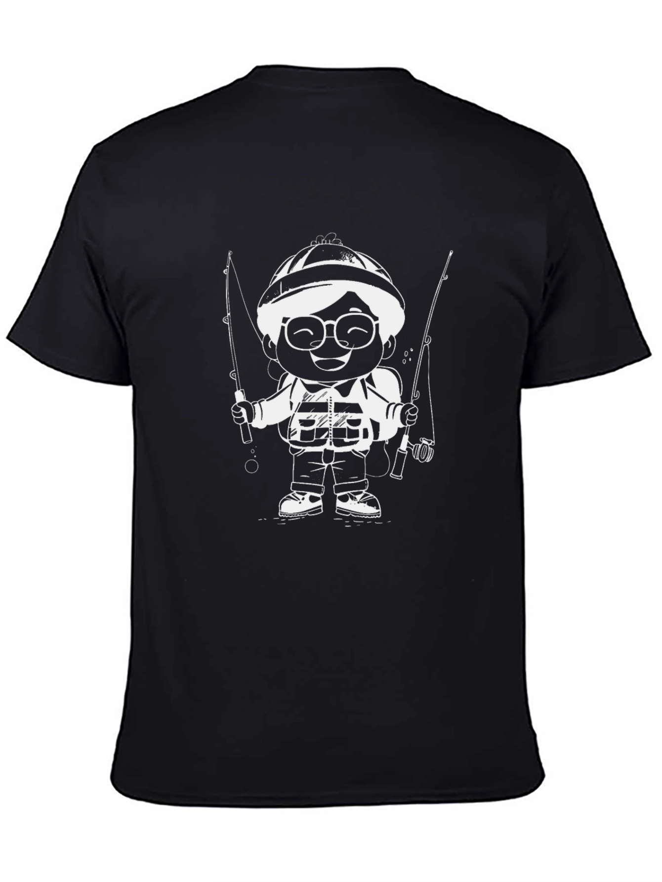 Cartoon Fisherman Graphic T-Shirt - Black
