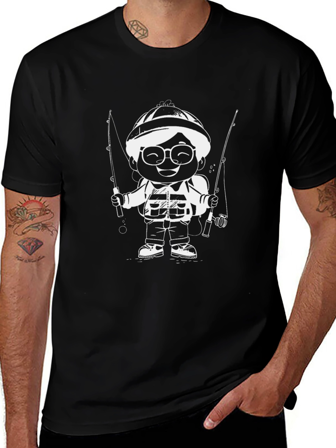 Cartoon Fisherman Graphic T-Shirt - Black