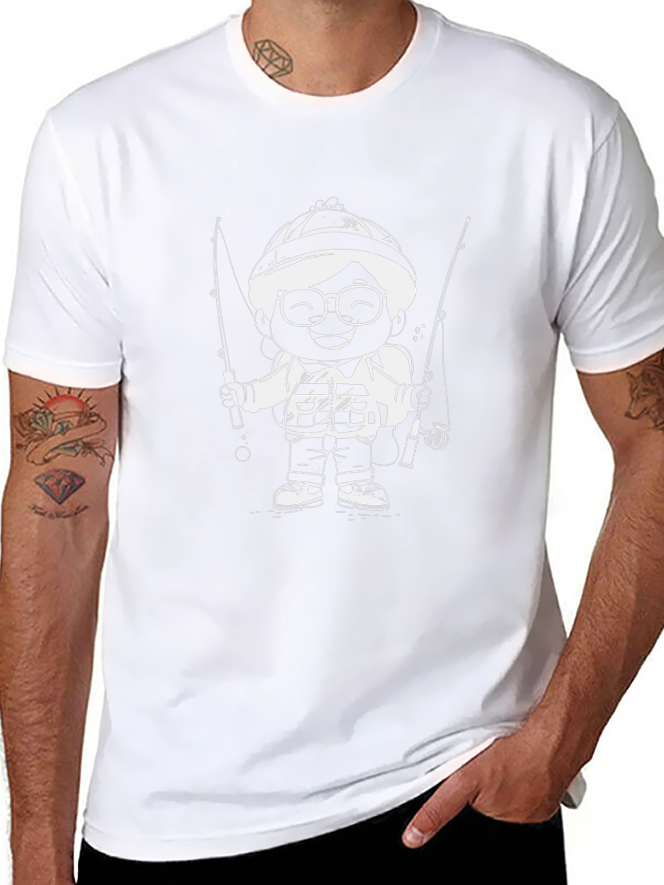 Cartoon Fisherman Graphic T-Shirt - Black