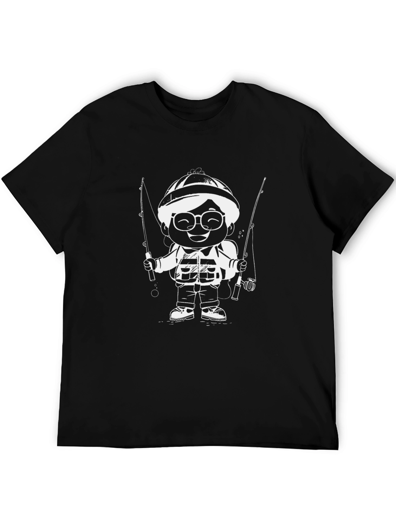 Cartoon Fisherman Graphic T-Shirt - Black