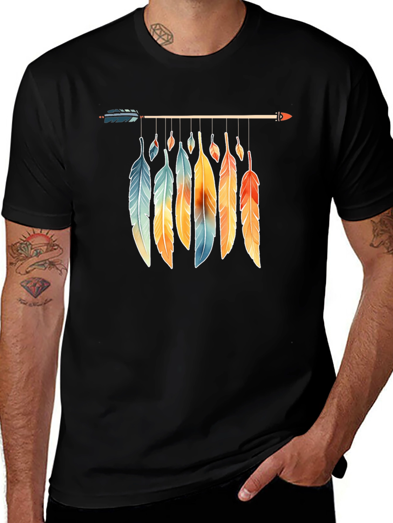 Feather Arrow Graphic Tee - Boho Style Black T-Shirt