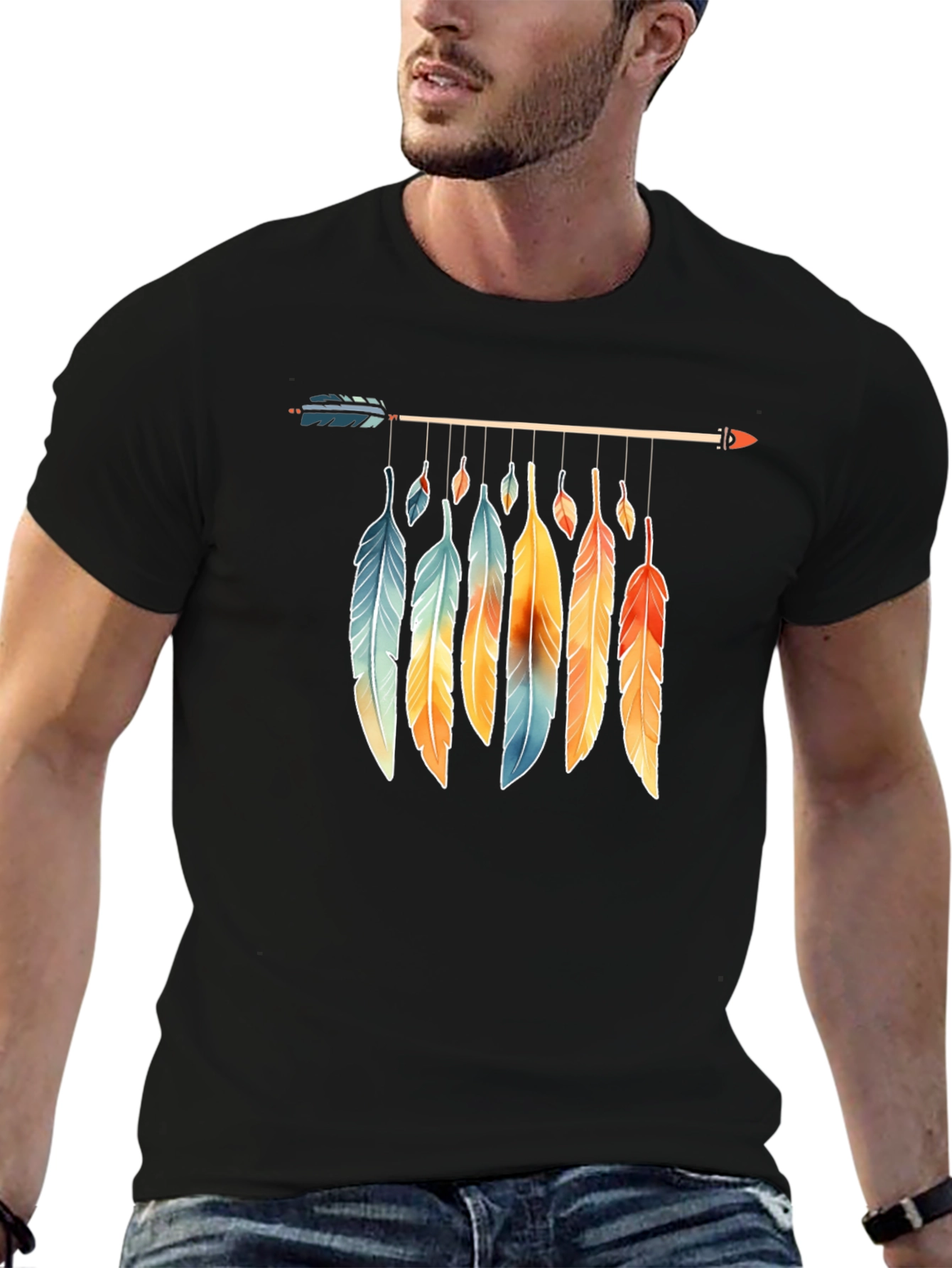 Feather Arrow Graphic Tee - Boho Style Black T-Shirt