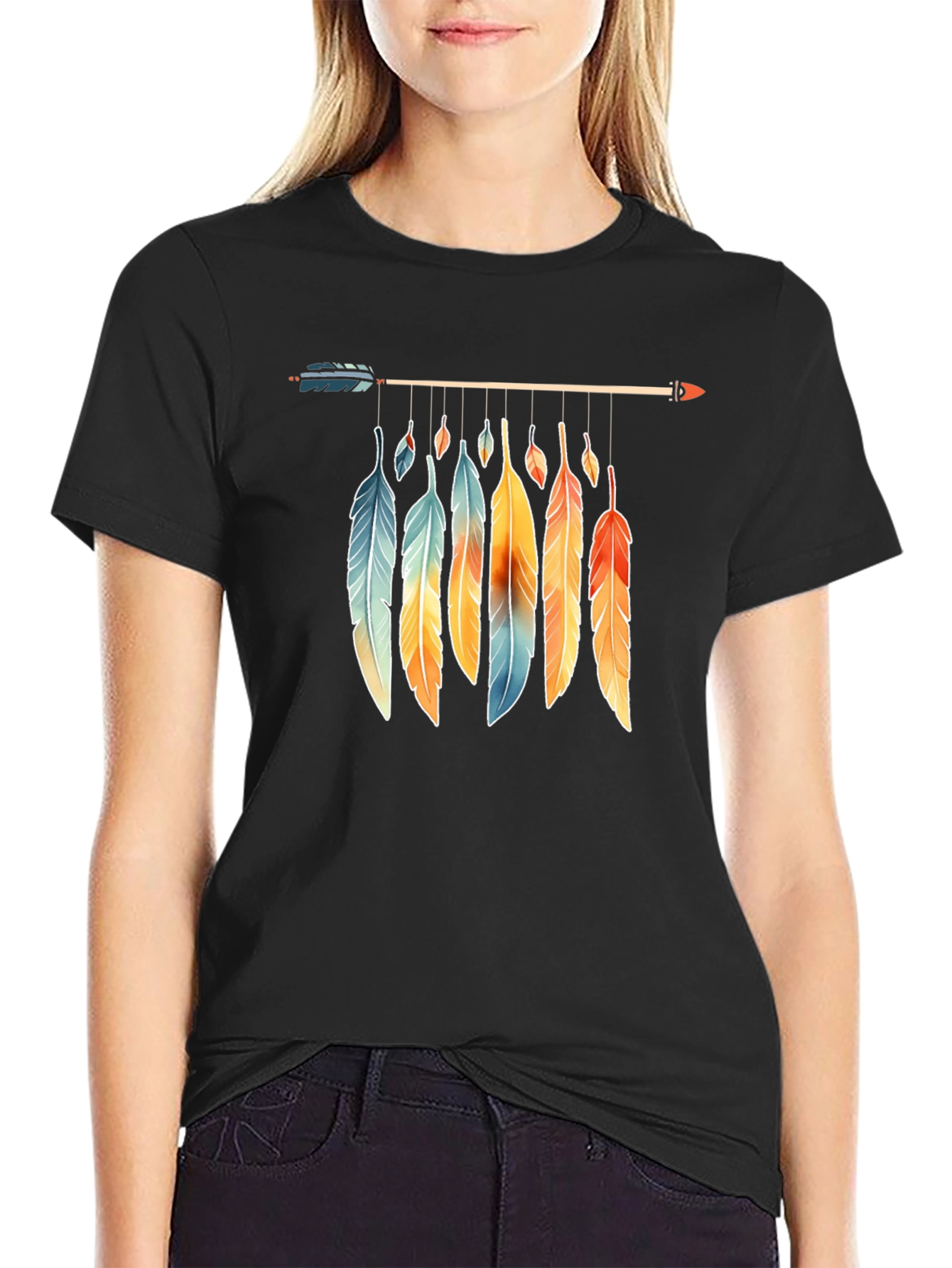 Feather Arrow Graphic Tee - Boho Style Black T-Shirt