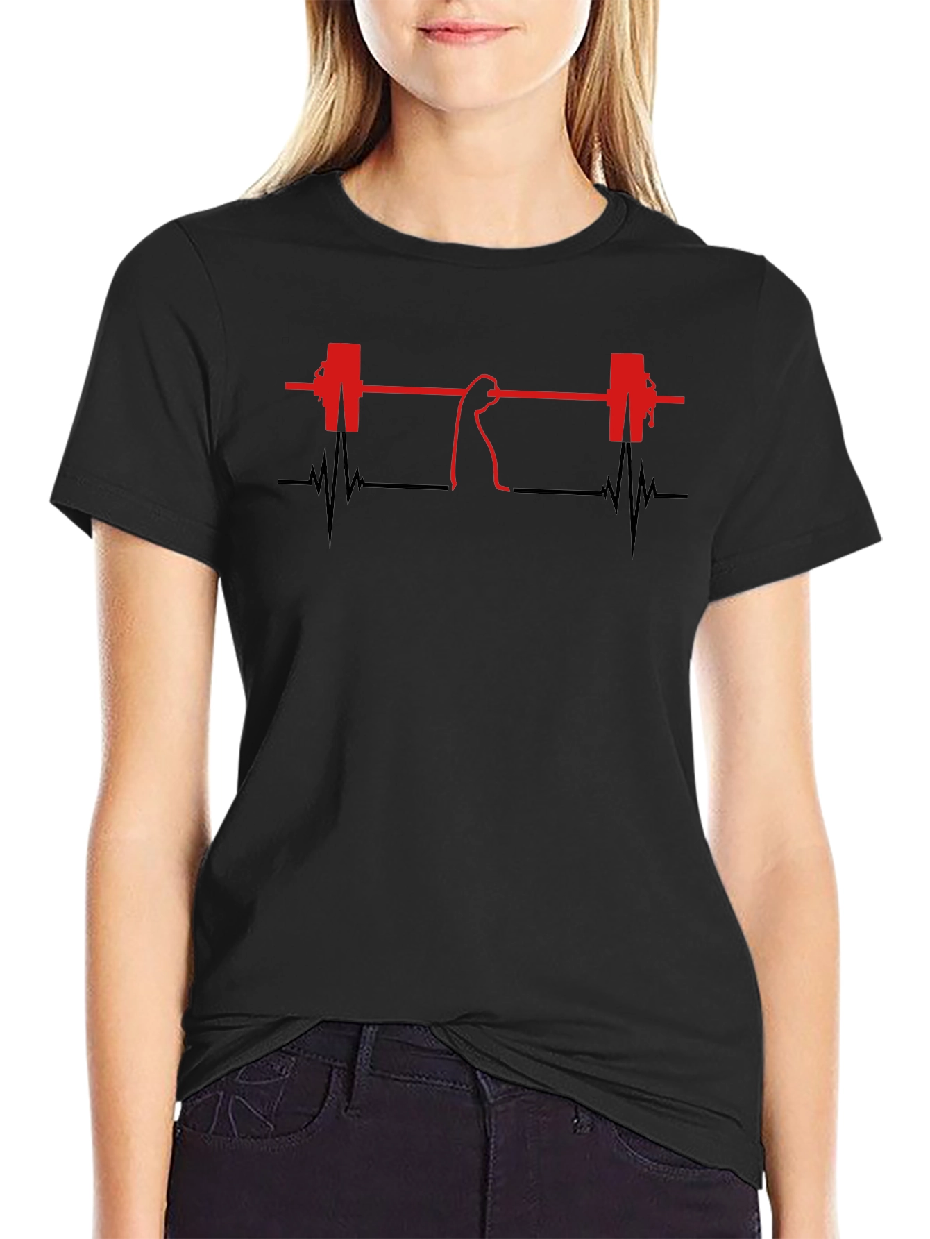 Weightlifting Heartbeat Graphic T-Shirt - Black