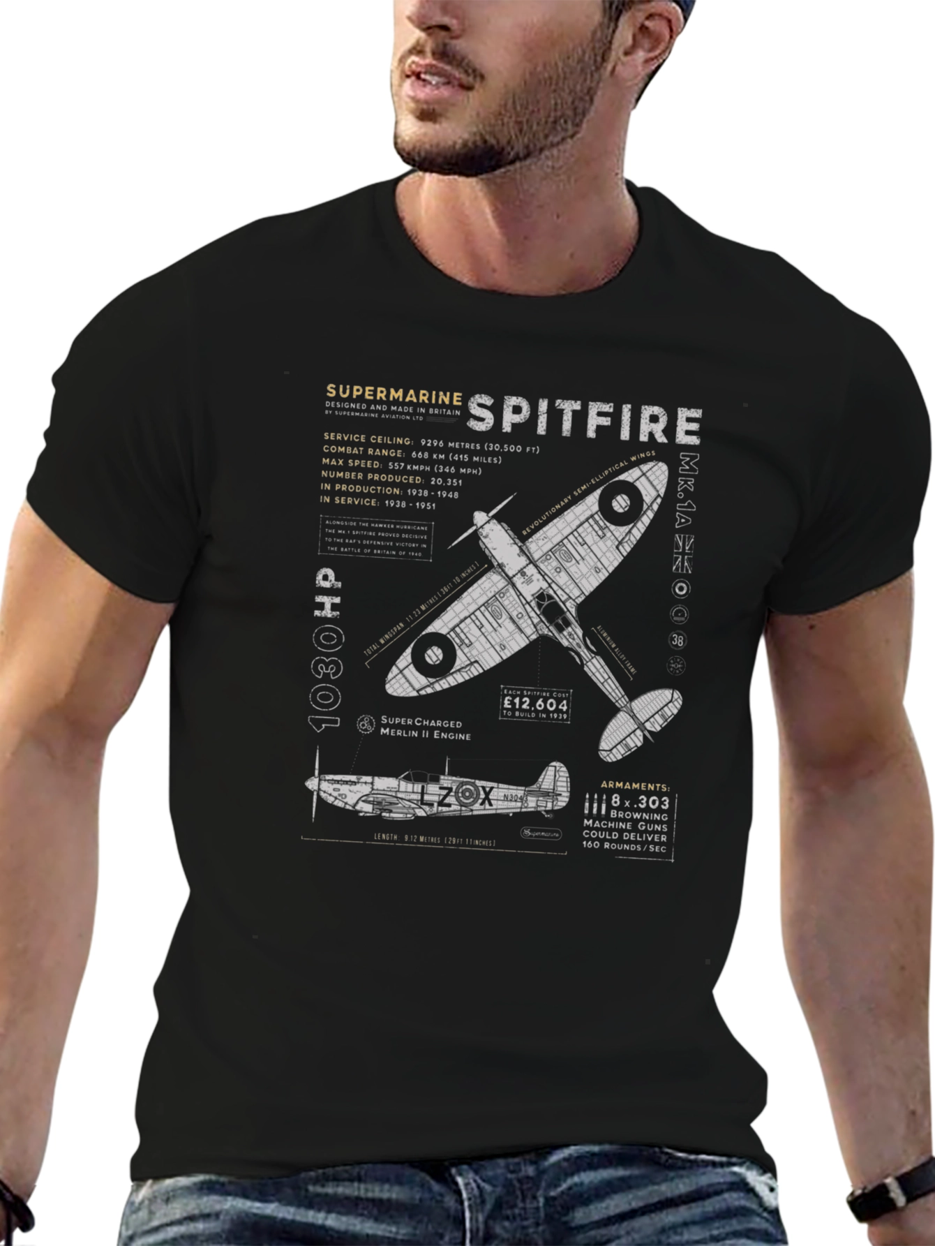 Spitfire Blueprint Graphic Tee - Aviation History T-Shirt