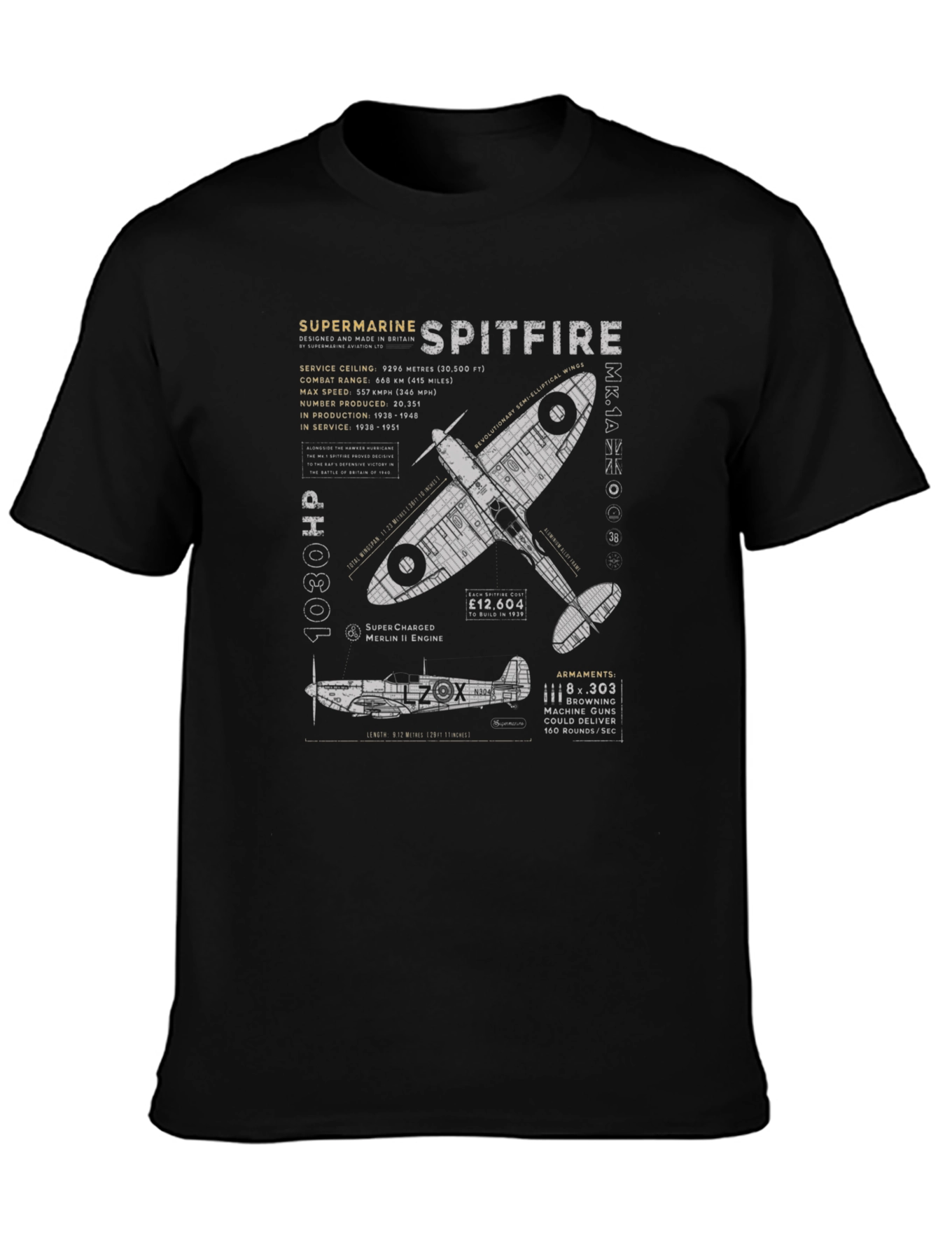 Spitfire Blueprint Graphic Tee - Aviation History T-Shirt