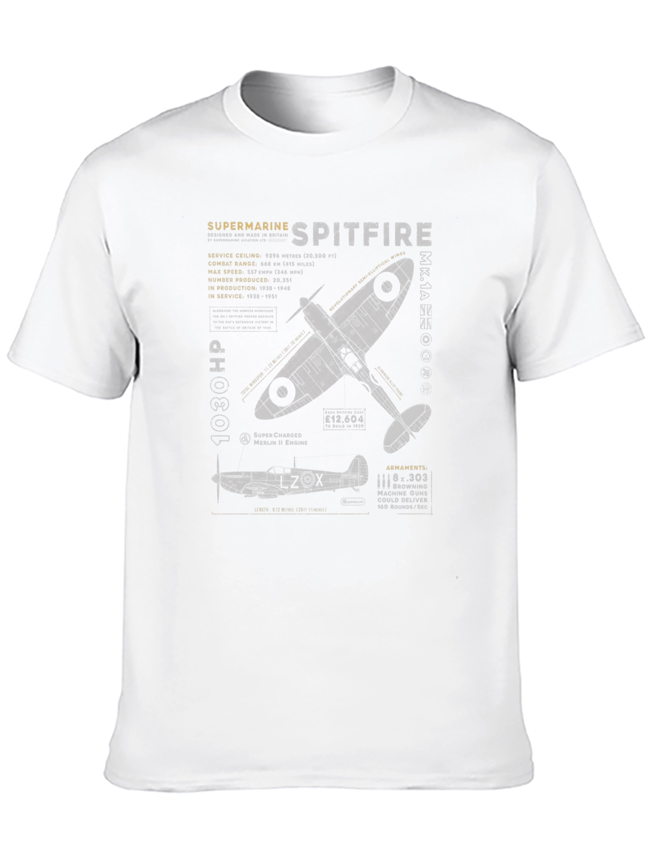 Spitfire Blueprint Graphic Tee - Aviation History T-Shirt