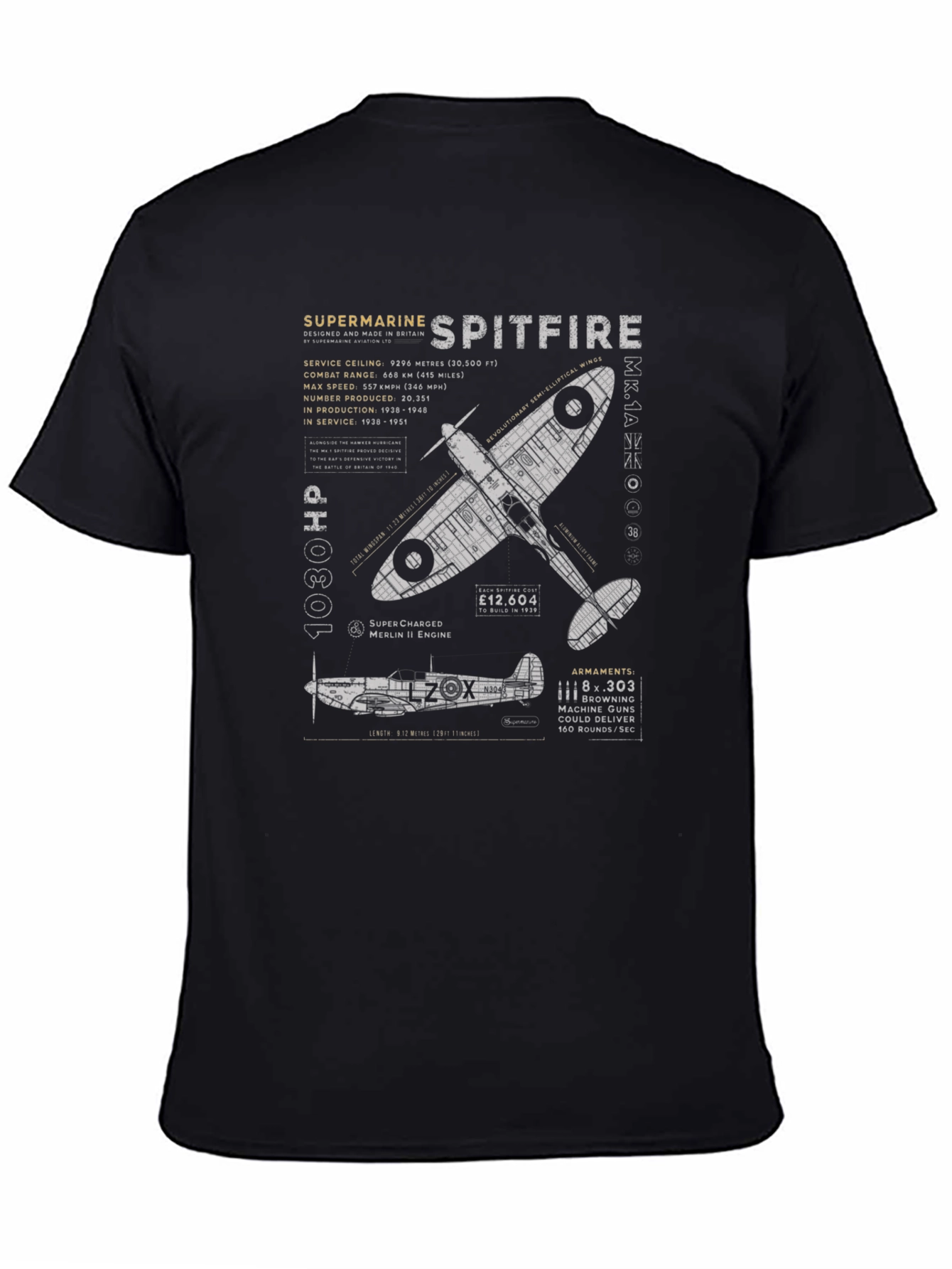 Spitfire Blueprint Graphic Tee - Aviation History T-Shirt