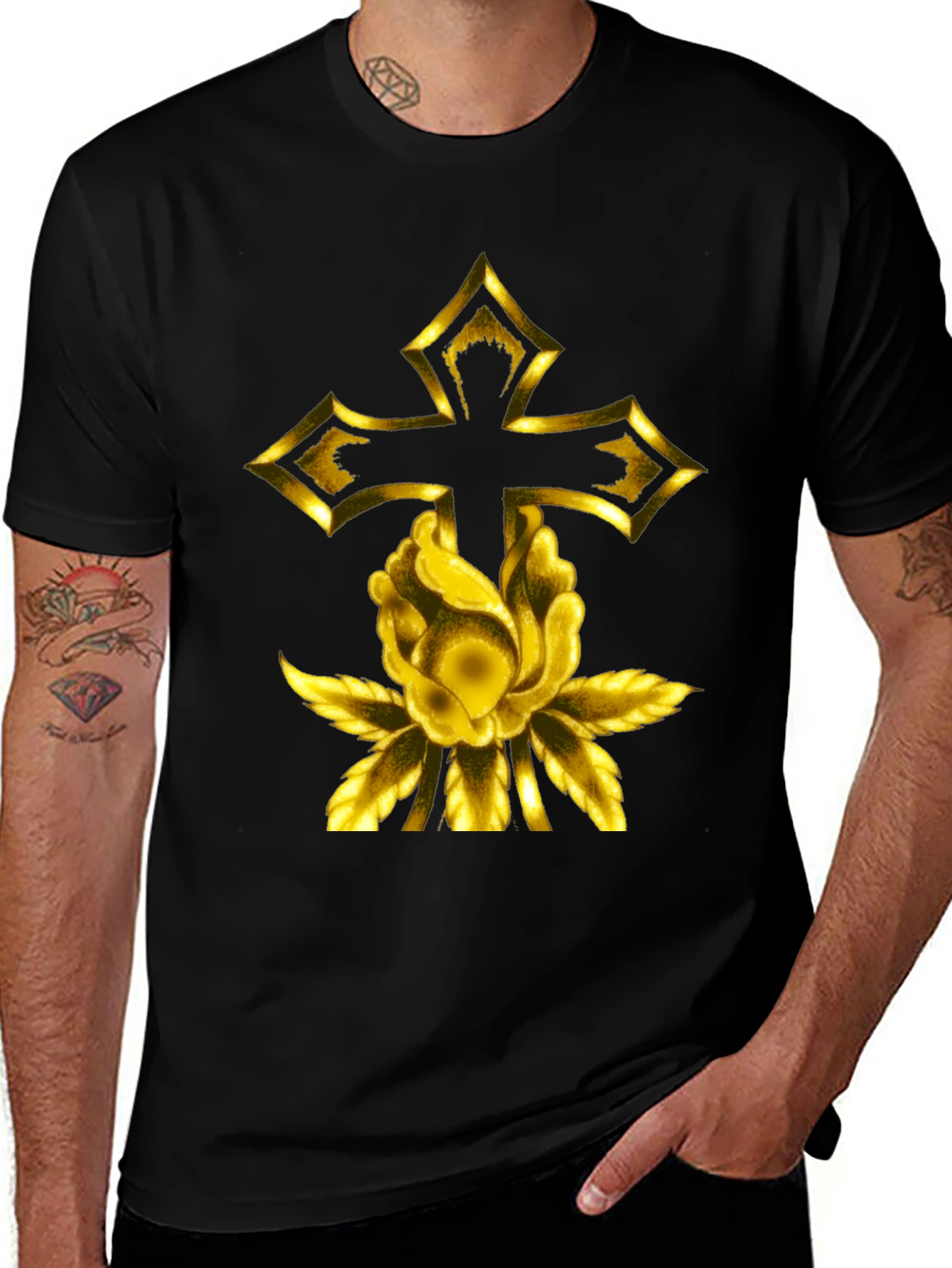 Gold Cross & Rose Black T-Shirt
