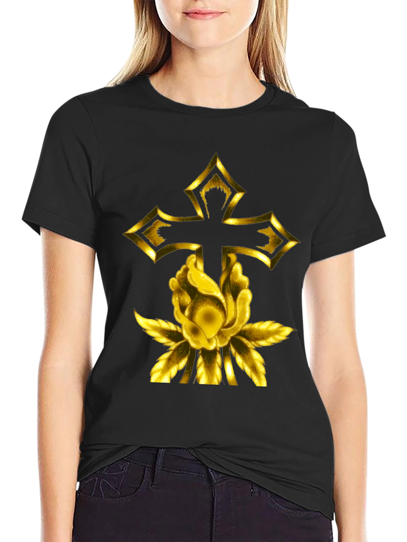 Gold Cross & Rose Black T-Shirt