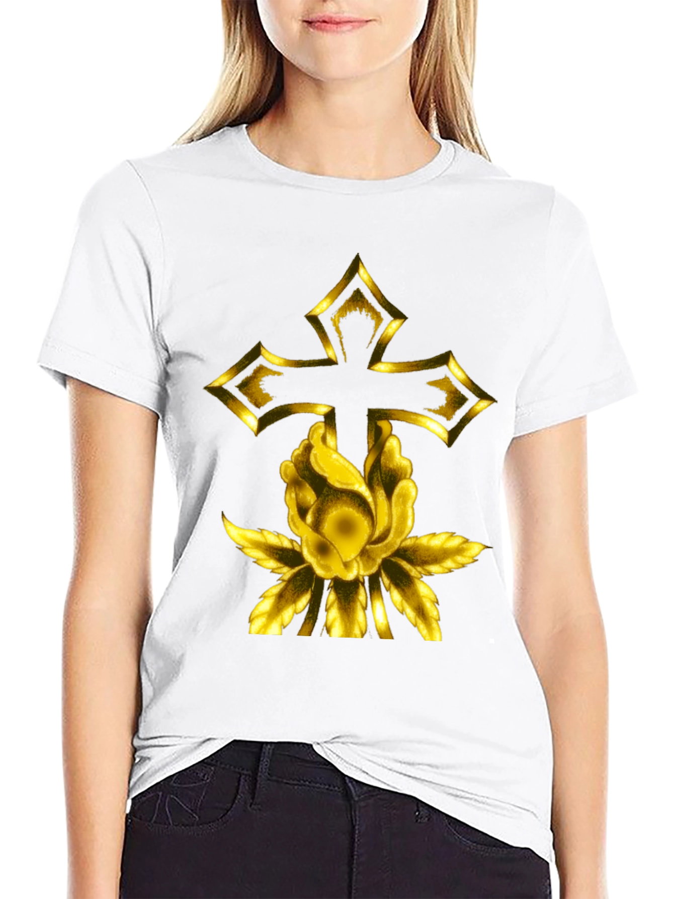Gold Cross & Rose Black T-Shirt