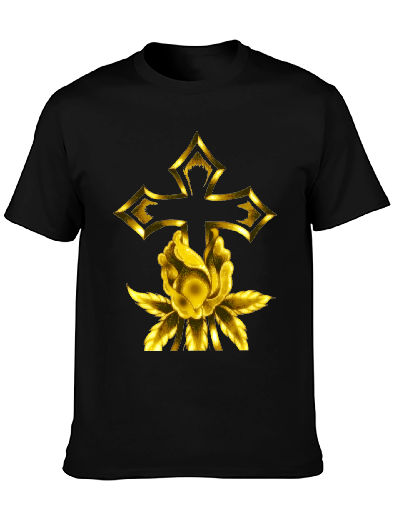 Gold Cross & Rose Black T-Shirt