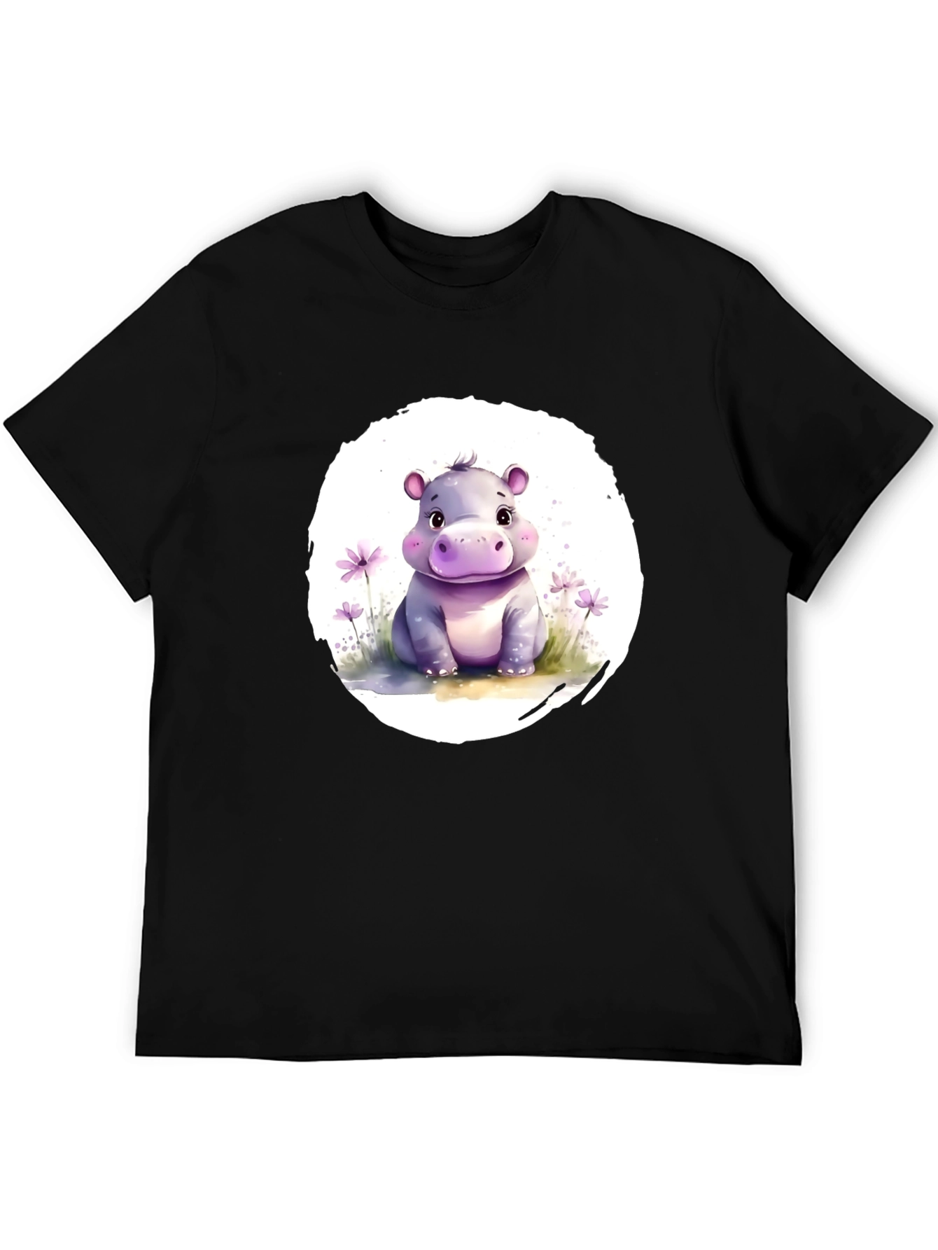 Cute Hippo Graphic Tee - Soft Black Cotton T-Shirt