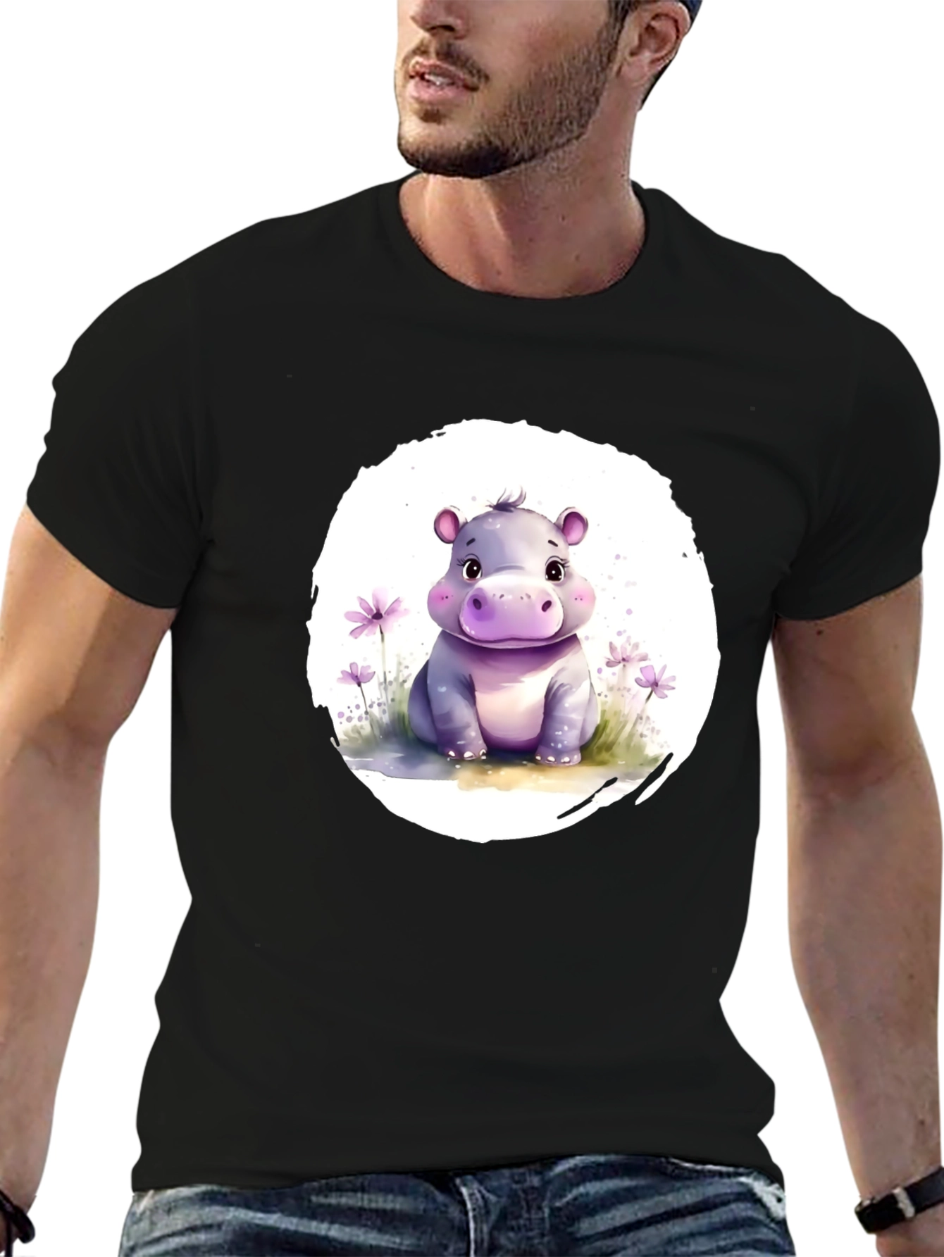 Cute Hippo Graphic Tee - Soft Black Cotton T-Shirt