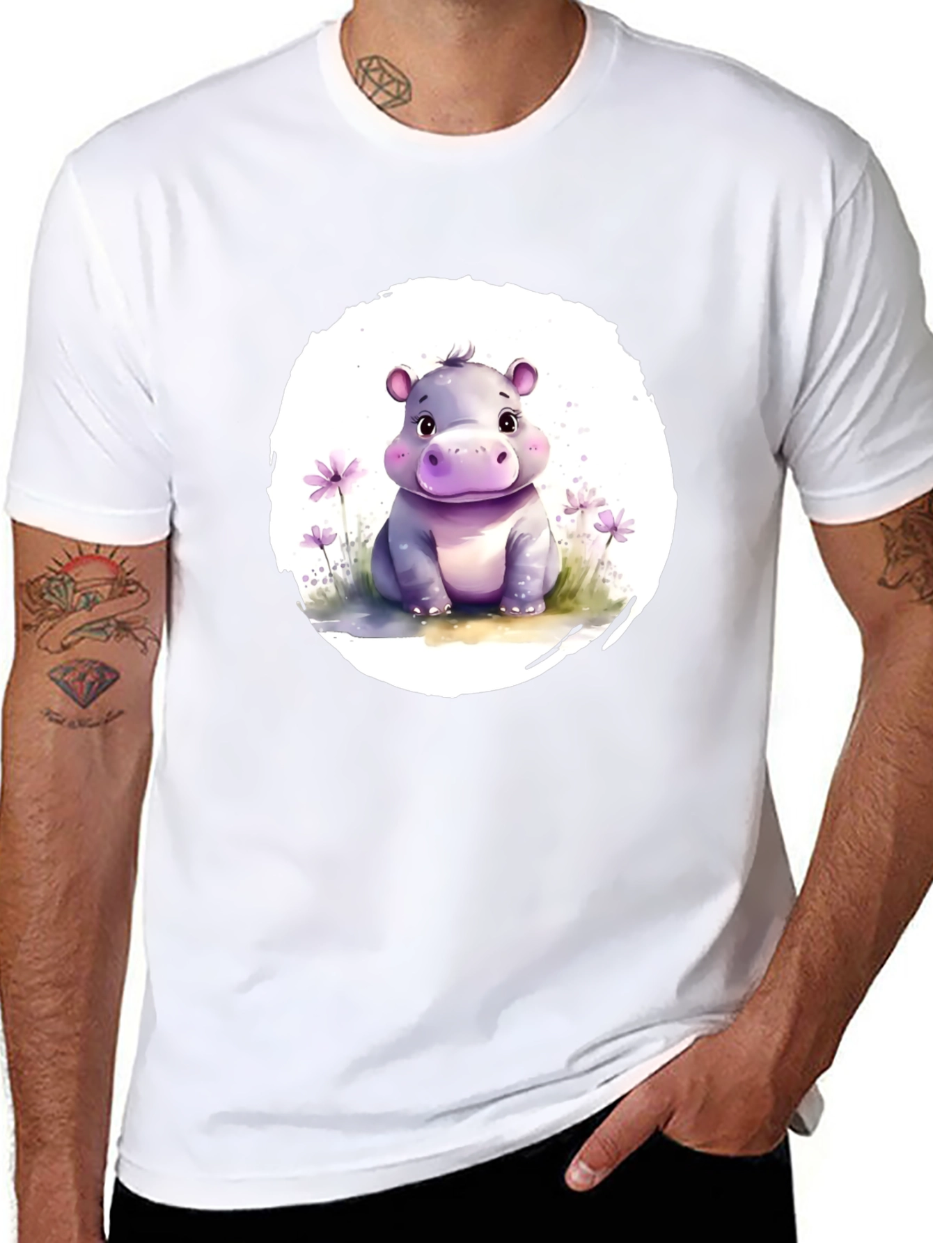 Cute Hippo Graphic Tee - Soft Black Cotton T-Shirt