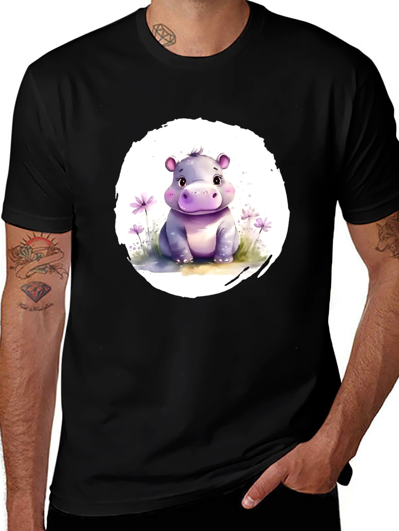Cute Hippo Graphic Tee - Soft Black Cotton T-Shirt