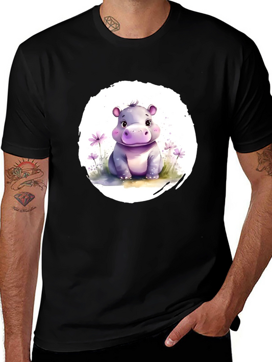 Cute Hippo Graphic Tee - Soft Black Cotton T-Shirt