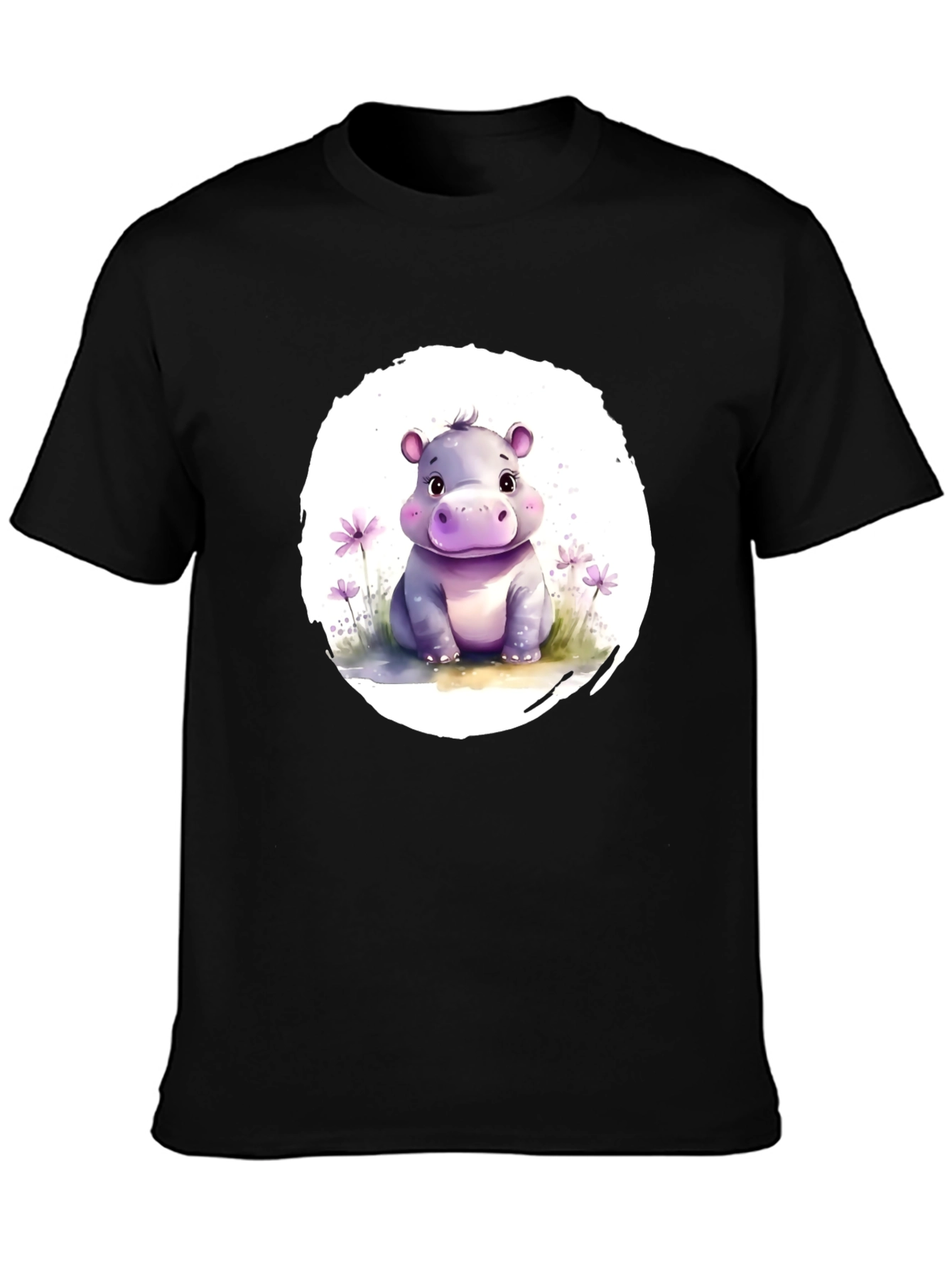 Cute Hippo Graphic Tee - Soft Black Cotton T-Shirt