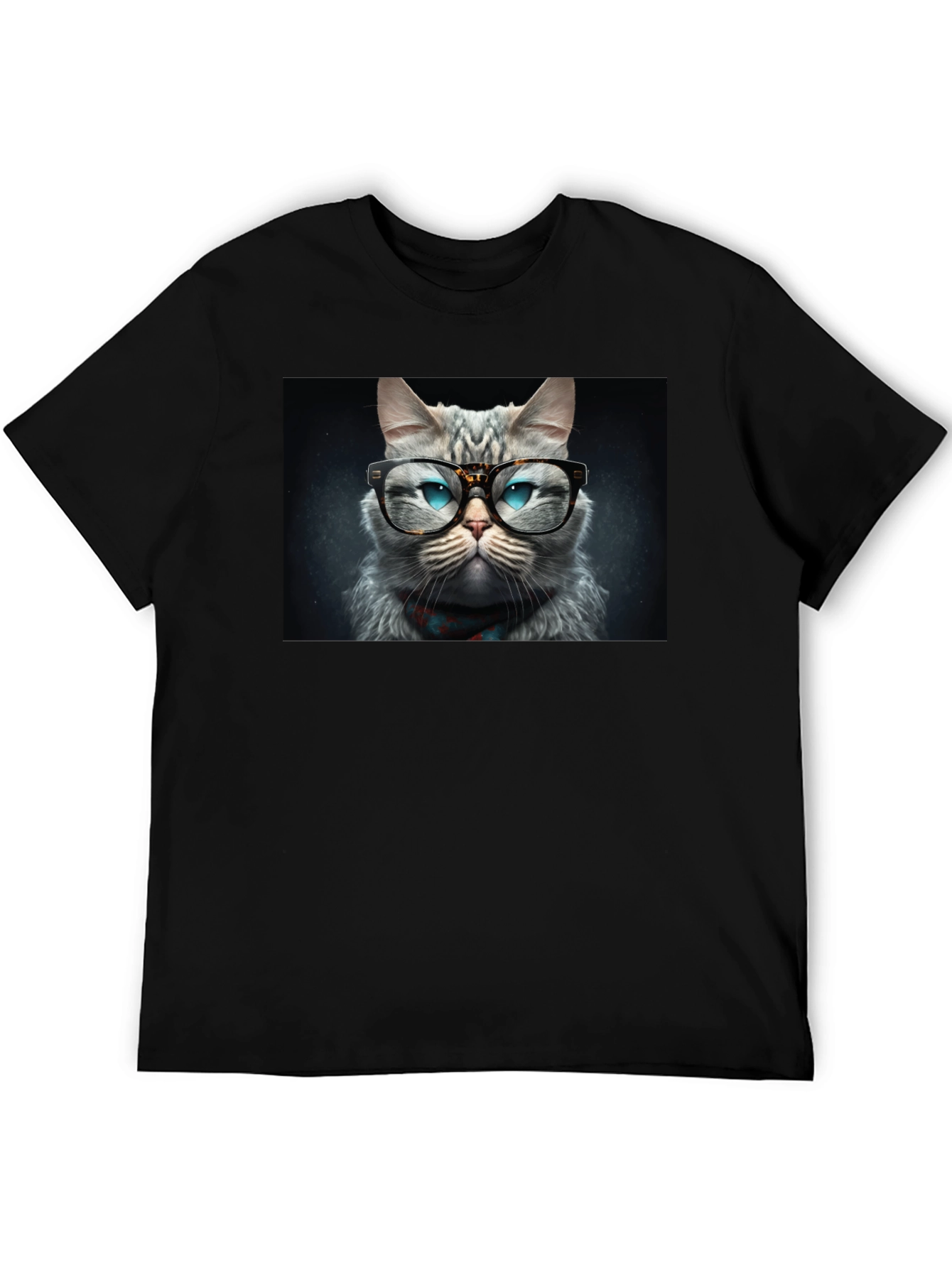 Cat with Glasses Graphic Black T-Shirt