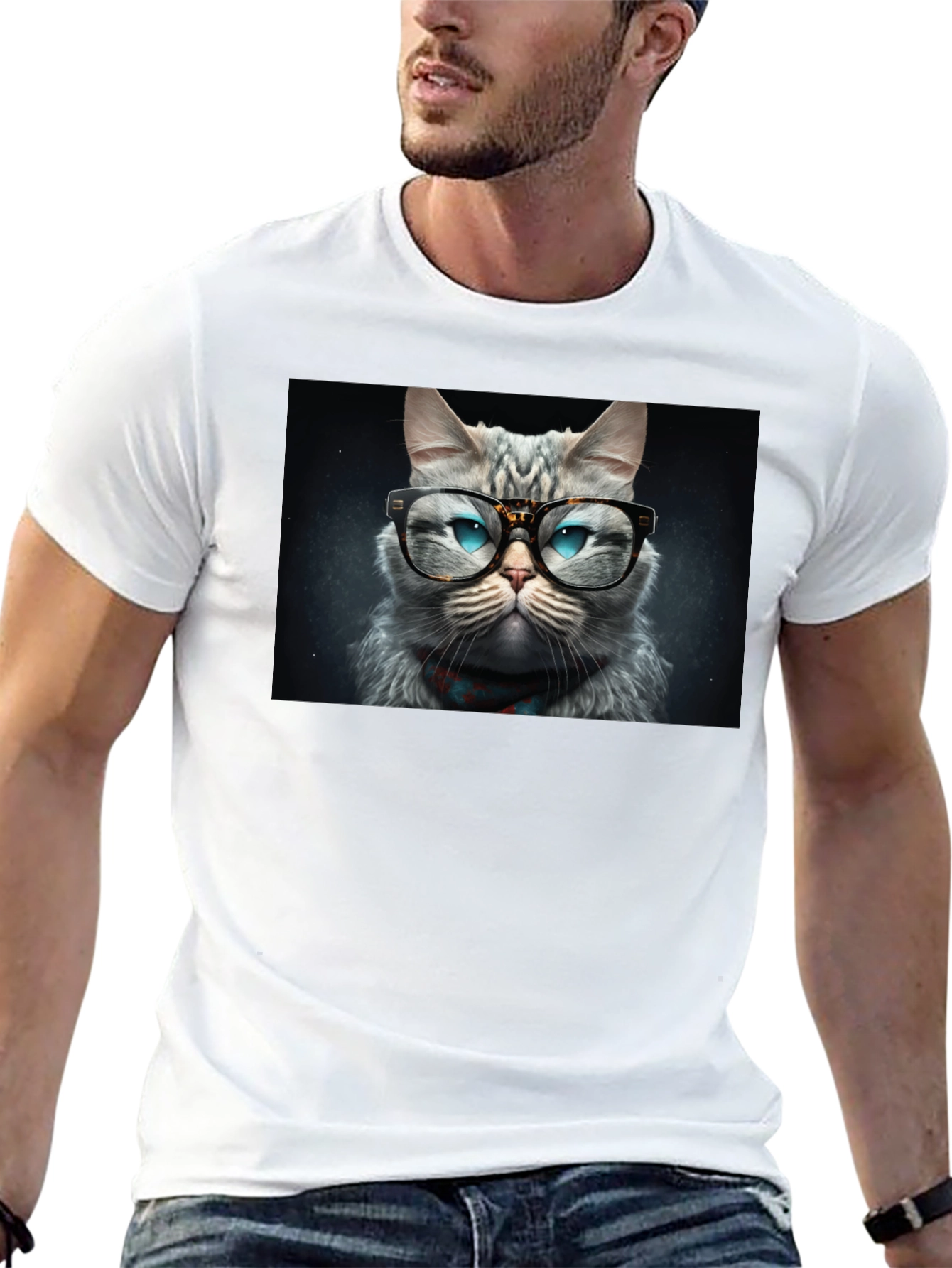 Cat with Glasses Graphic Black T-Shirt
