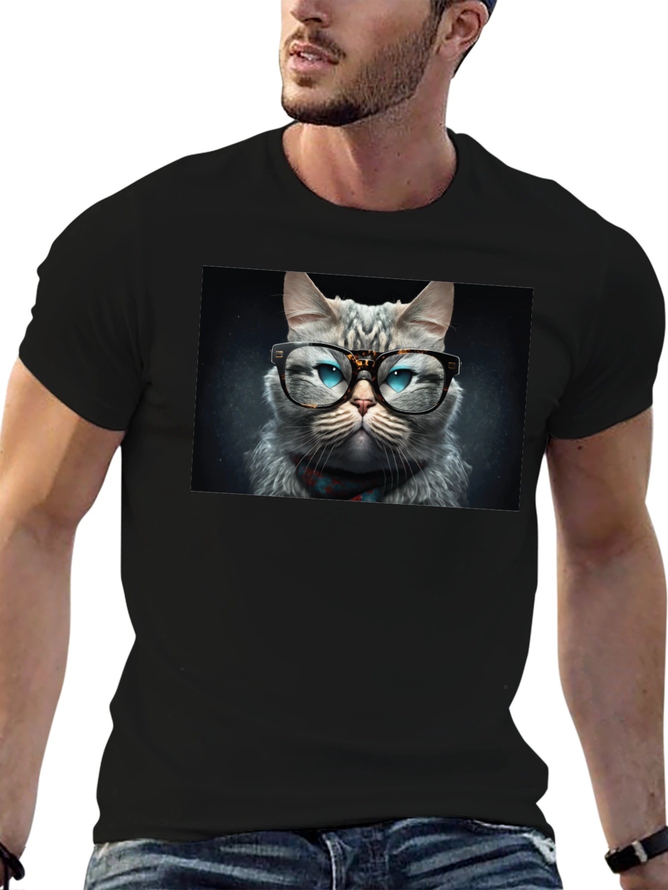 Cat with Glasses Graphic Black T-Shirt