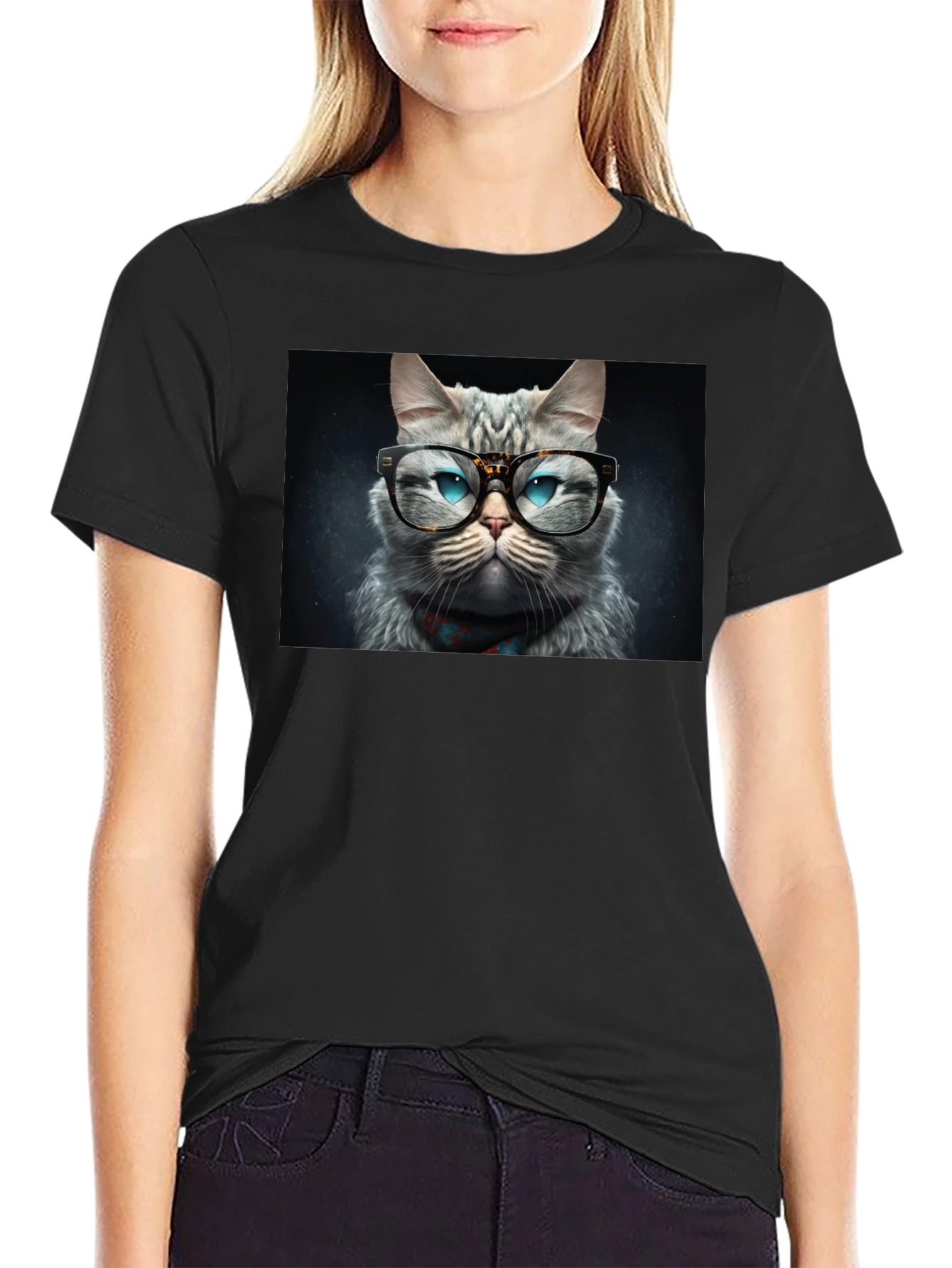 Cat with Glasses Graphic Black T-Shirt