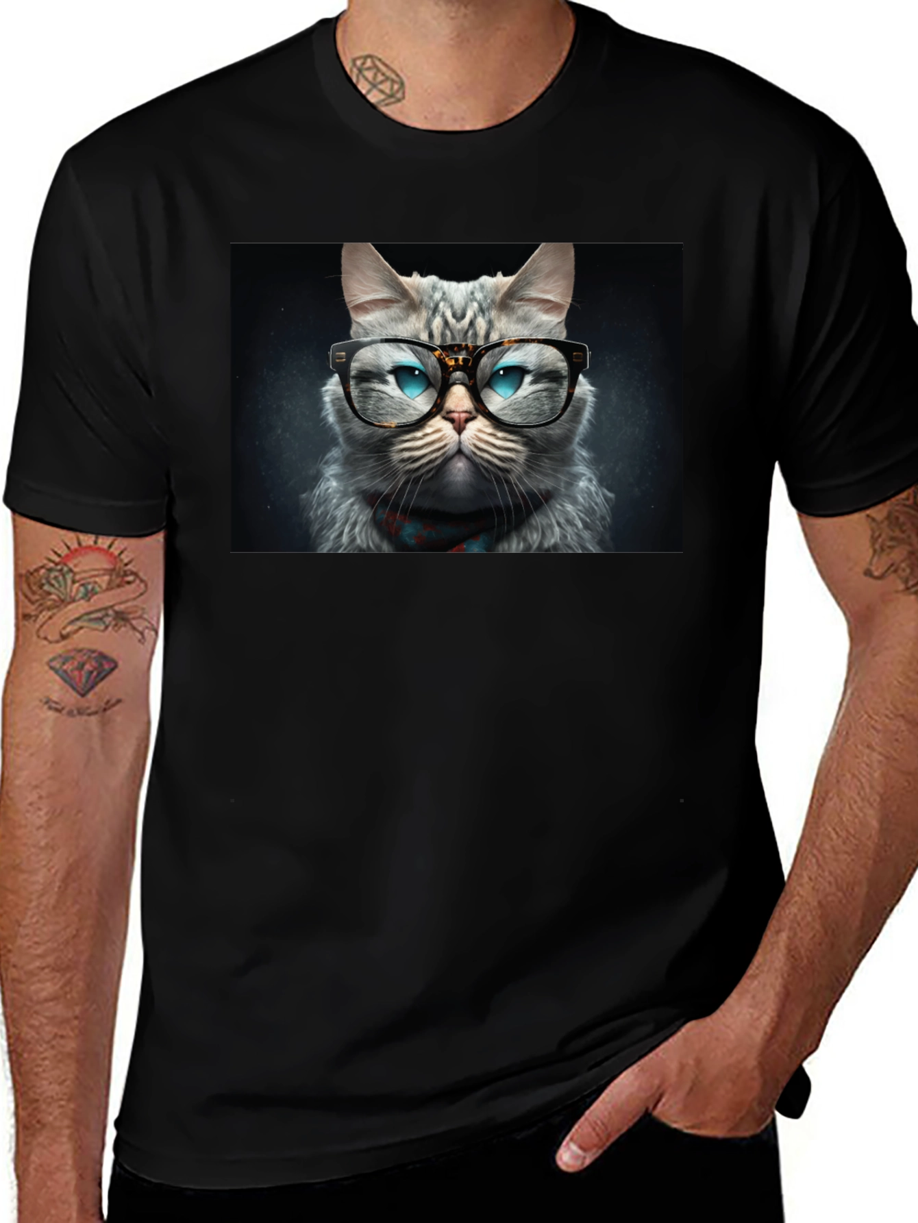 Cat with Glasses Graphic Black T-Shirt