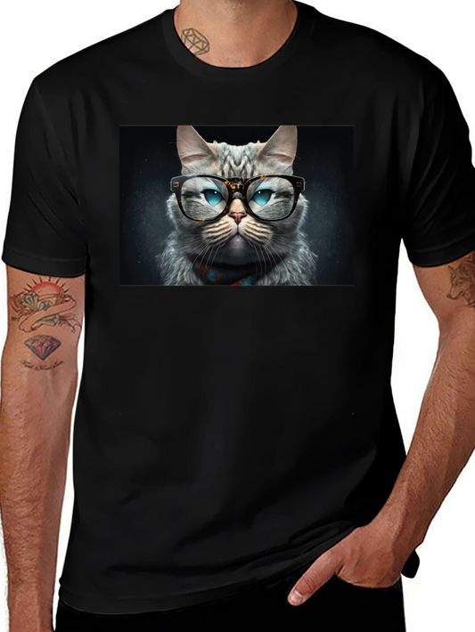 Cat with Glasses Graphic Black T-Shirt