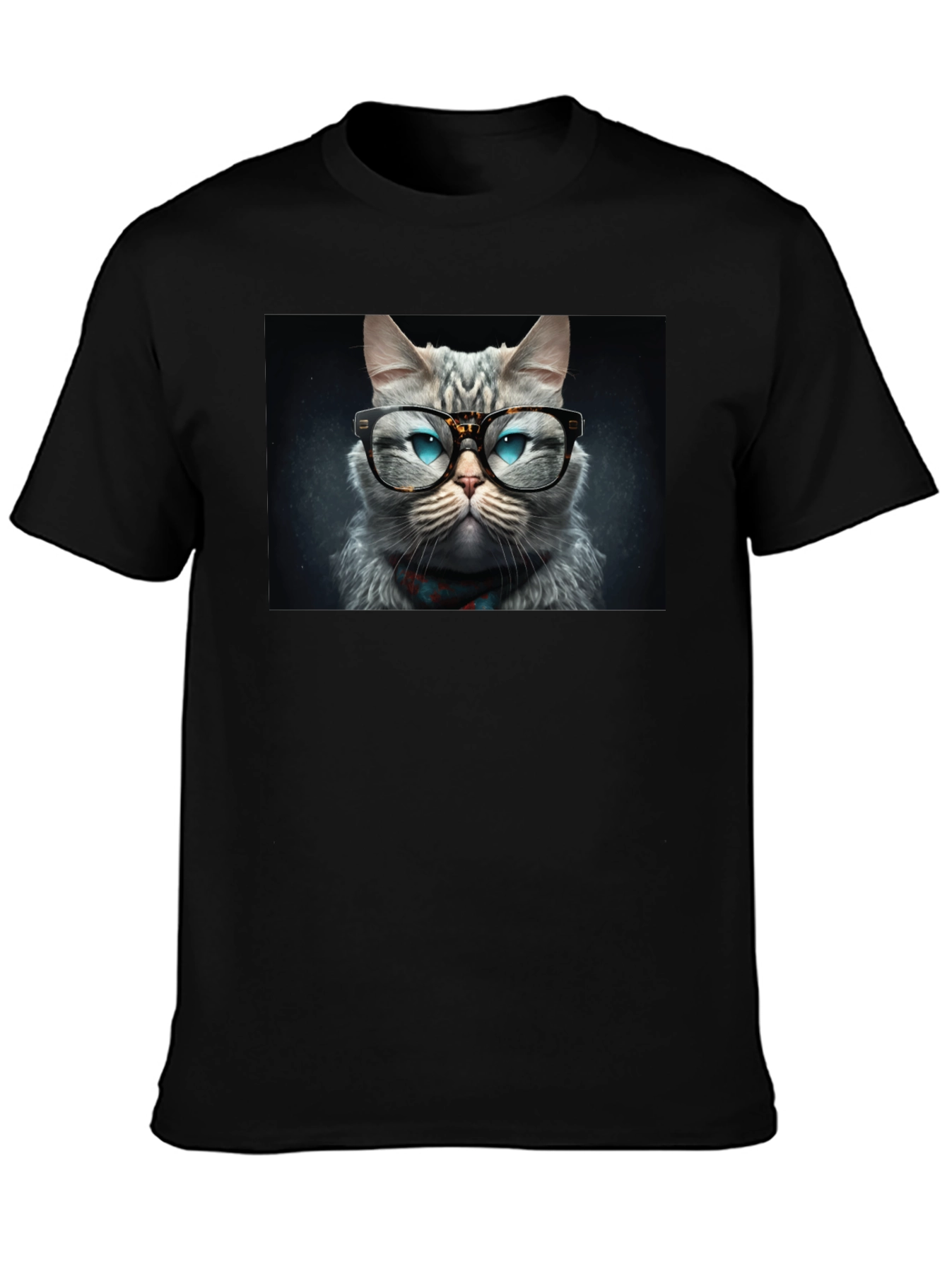 Cat with Glasses Graphic Black T-Shirt